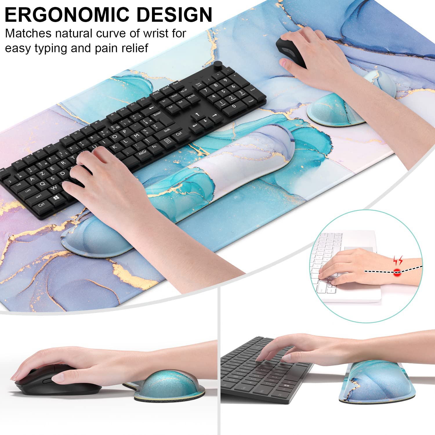 Keyboard Mouse Pad Set, XXL Large Desk Pad+Keyboard Wrist Rest+Mouse Wrist Cushion Support, Ergonomic Memory Foam, 35.5" x 15.7" Extended Mousepad,