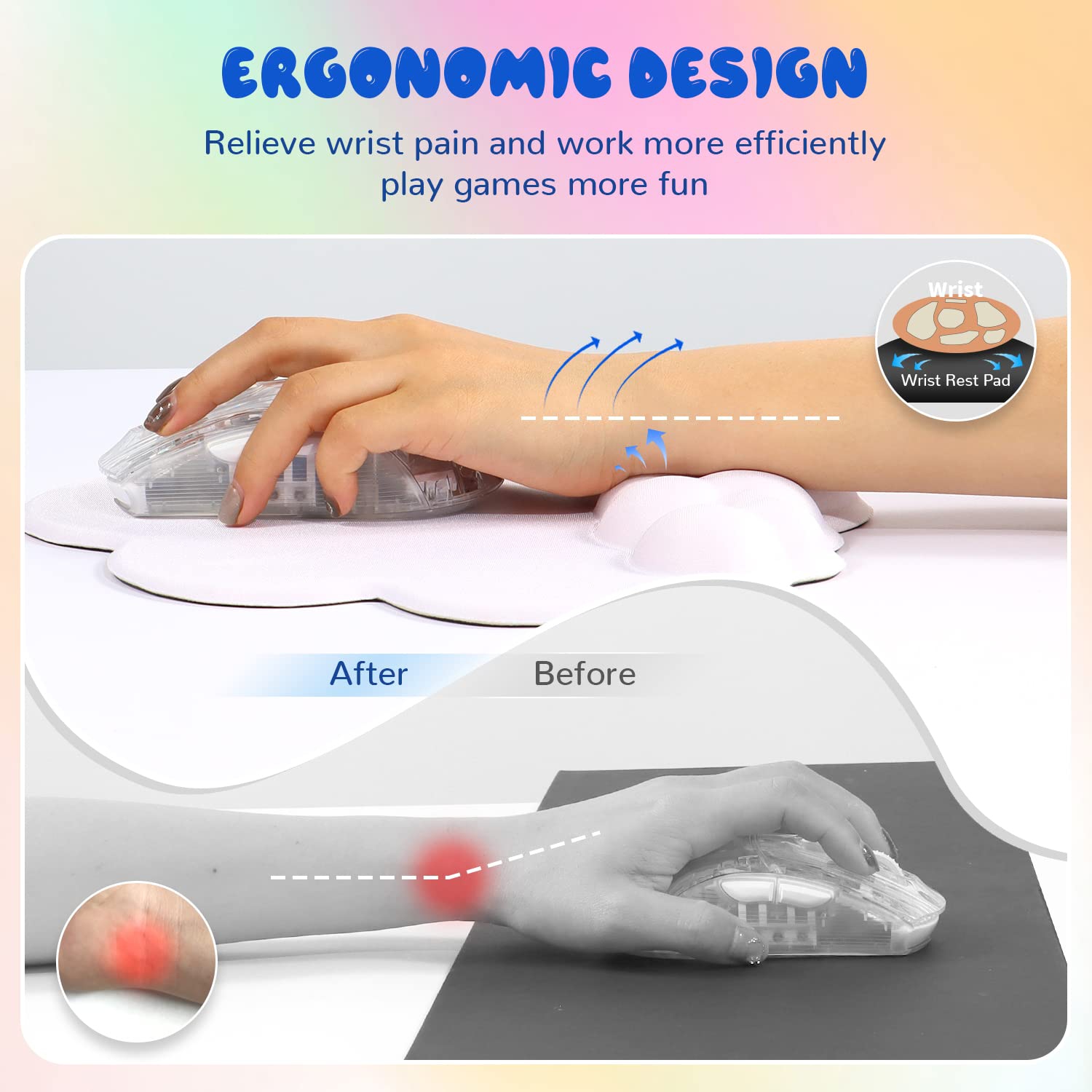 Gaming Mouse Pad Wrist Rest,Ergonomic Cloud Wrist Rest Mousepad with Gel Memory Foam,Non-Slip Rubber Base,Comfortable Mouse Pad for Home