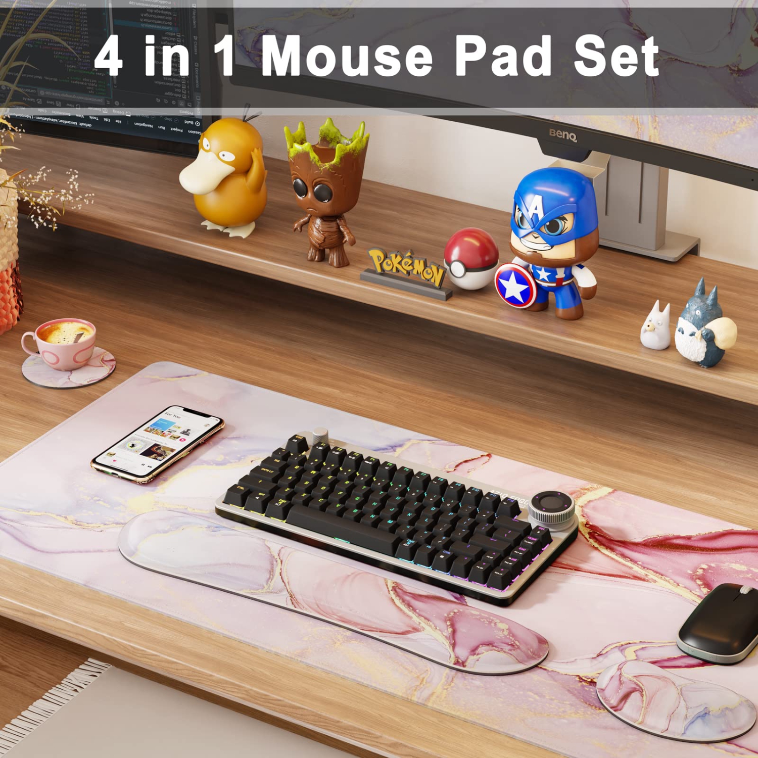 4 in 1 Large Mouse Pad Keyboard Wrist Rest Set, Extended Gaming Mouse Pad with Wrist Support, Ergonomic Non-Slip Desk Mat for Office, Home
