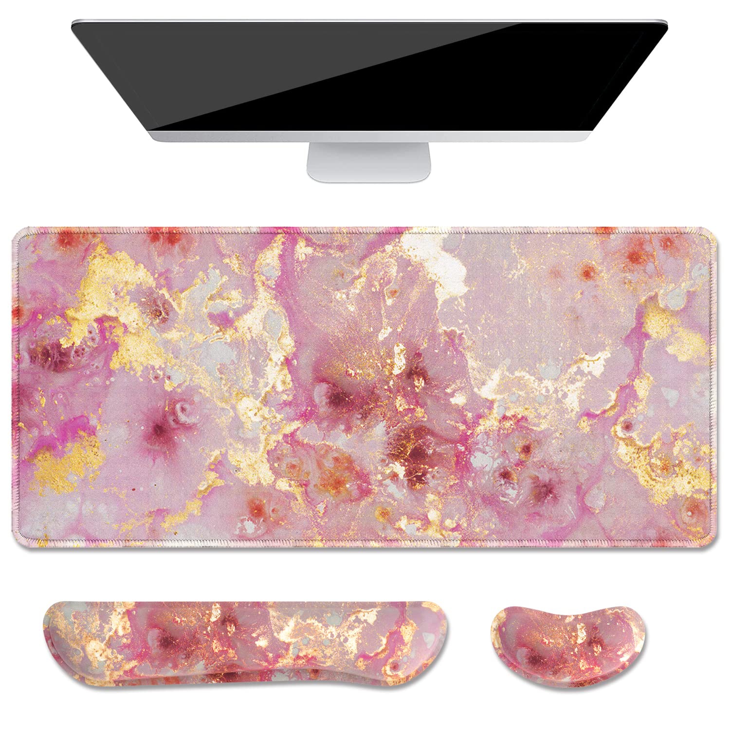 Keyboard Mouse Pad Set, XXL Large Desk Pad+Keyboard Wrist Rest+Mouse Wrist Cushion Support, Ergonomic Memory Foam, 35.5" x 15.7" Extended Mousepad,