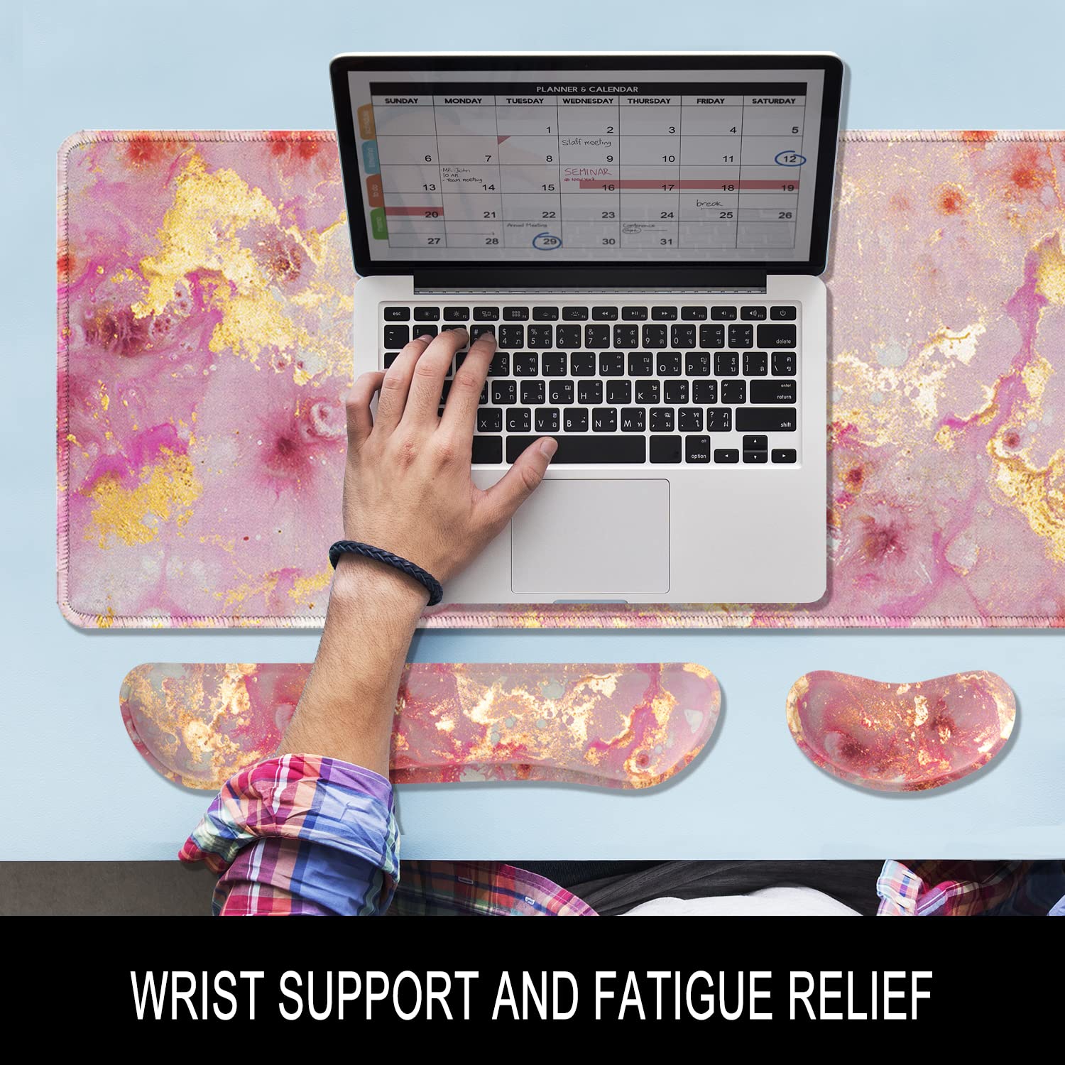 Keyboard Mouse Pad Set, XXL Large Desk Pad+Keyboard Wrist Rest+Mouse Wrist Cushion Support, Ergonomic Memory Foam, 35.5" x 15.7" Extended Mousepad,