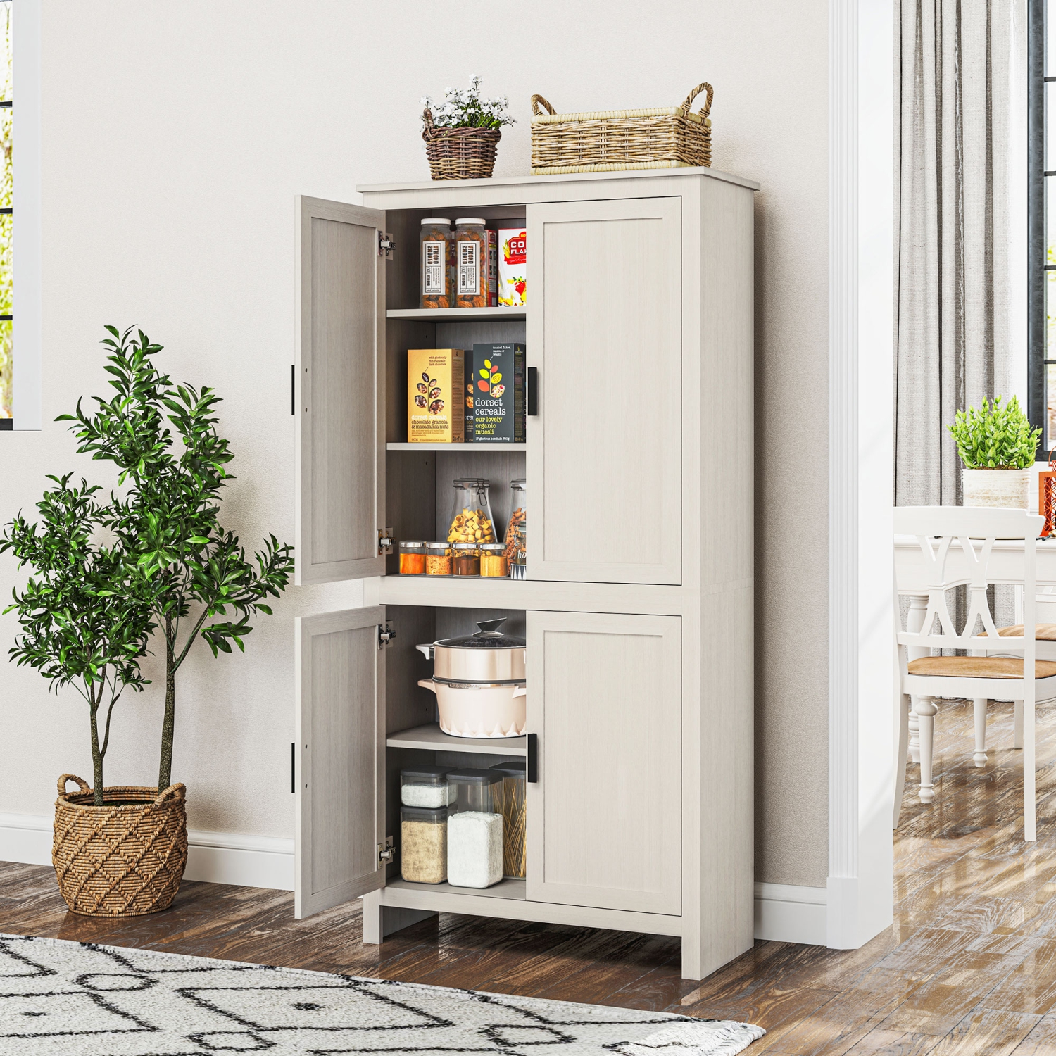 HOMCOM – Armoire garde-manger de 64&nbsp;po, armoire de rangement de cuisine avec 4 portes et 3 tablettes réglables, blanc antique