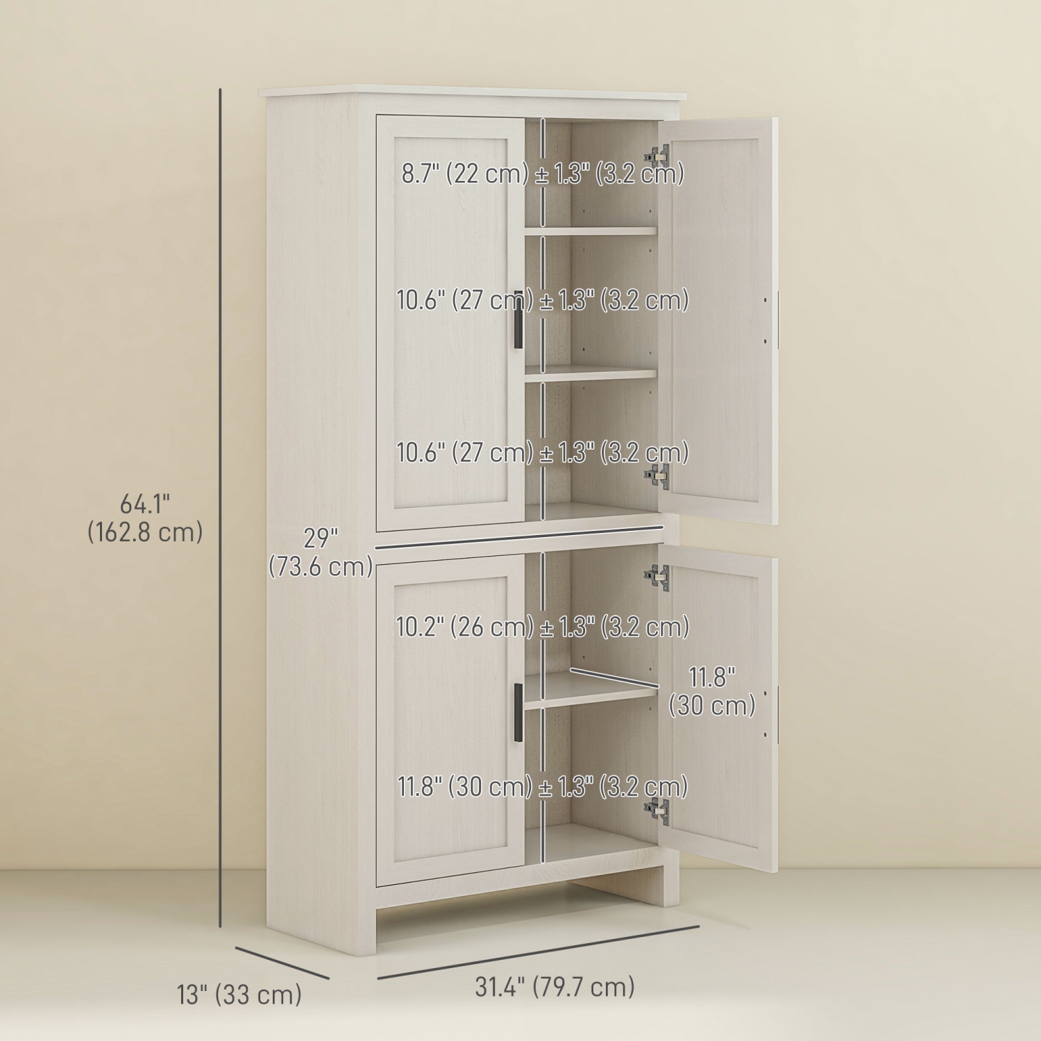 HOMCOM – Armoire garde-manger de 64&nbsp;po, armoire de rangement de cuisine avec 4 portes et 3 tablettes réglables, blanc antique