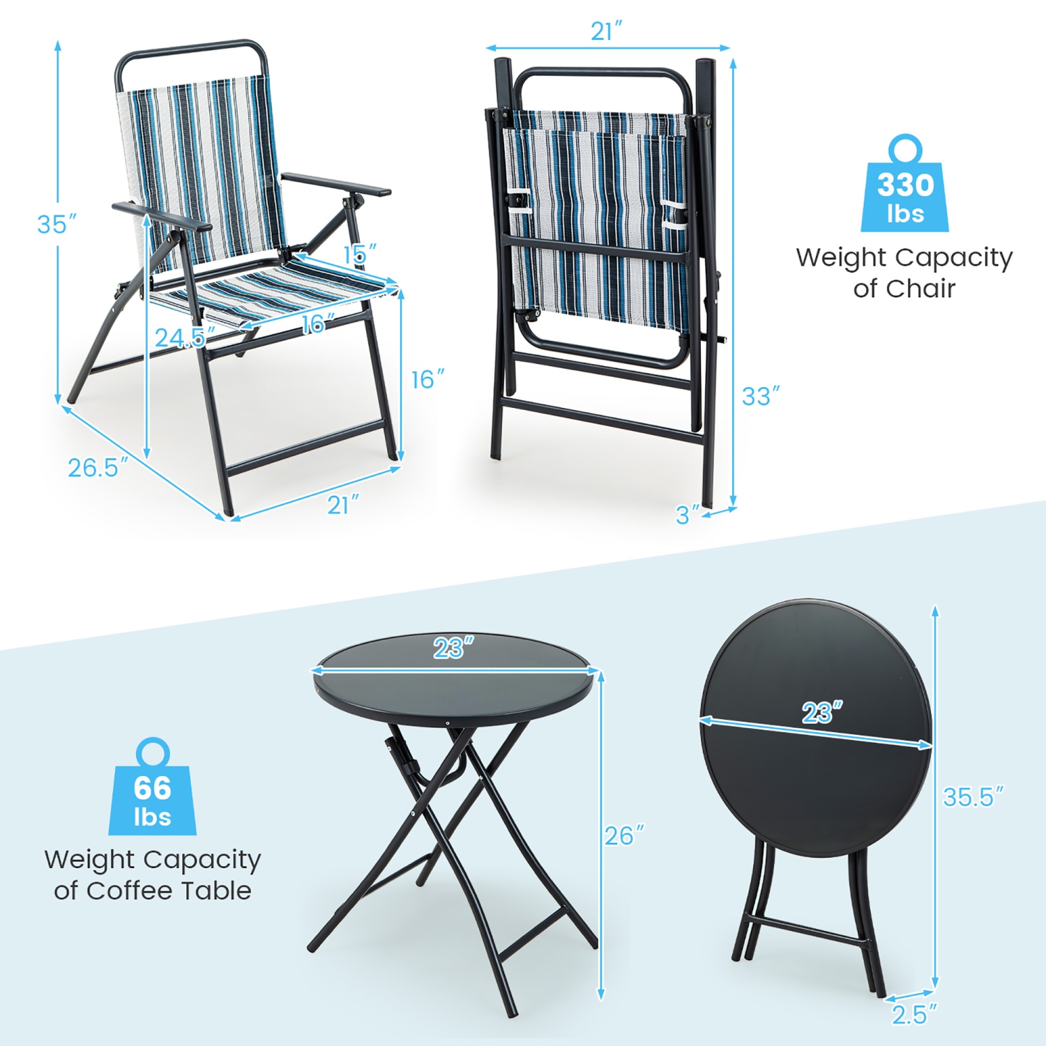 Gymax 3 Pieces Patio Folding Chair Set w/ 2 Chairs & Glass Round Coffee Table Porch Deck Backyard