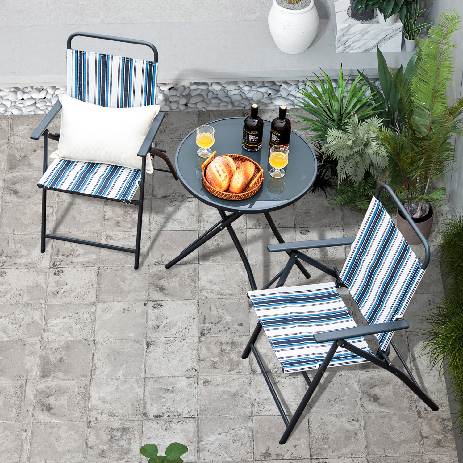 Gymax 3 Pieces Patio Folding Chair Set w/ 2 Chairs & Glass Round Coffee Table Porch Deck Backyard