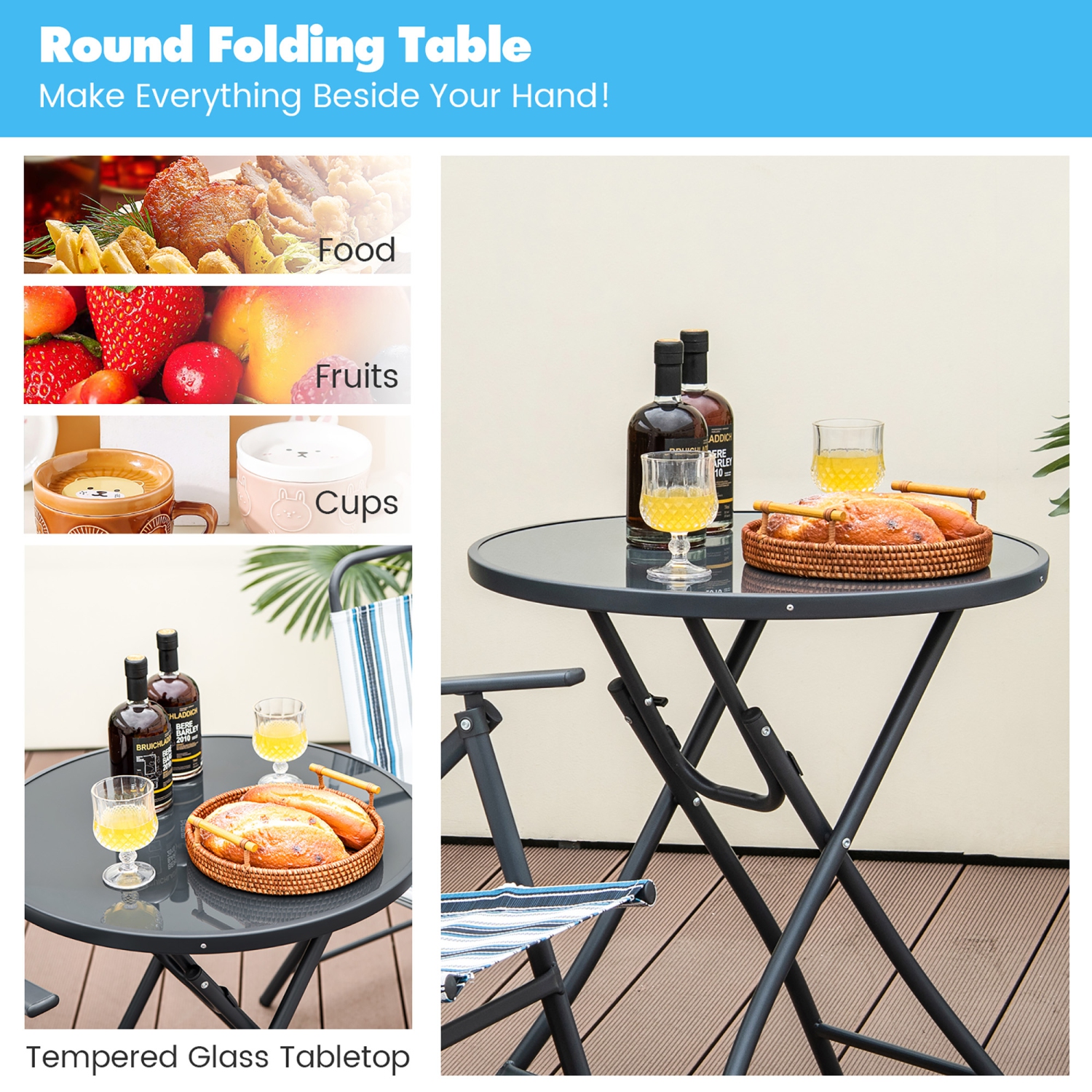 Gymax 3 Pieces Patio Folding Chair Set w/ 2 Chairs & Glass Round Coffee Table Porch Deck Backyard