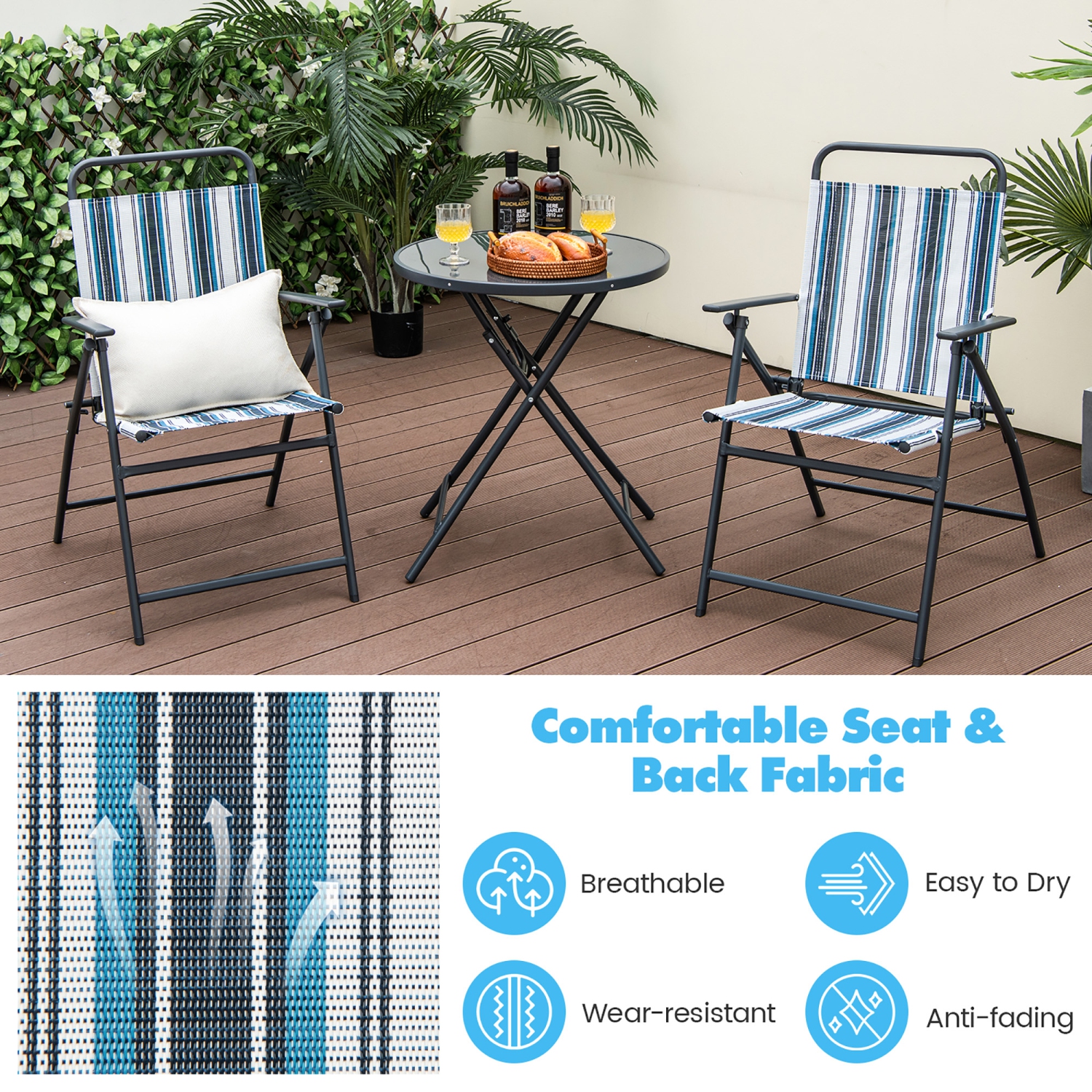 Gymax 3 Pieces Patio Folding Chair Set w/ 2 Chairs & Glass Round Coffee Table Porch Deck Backyard