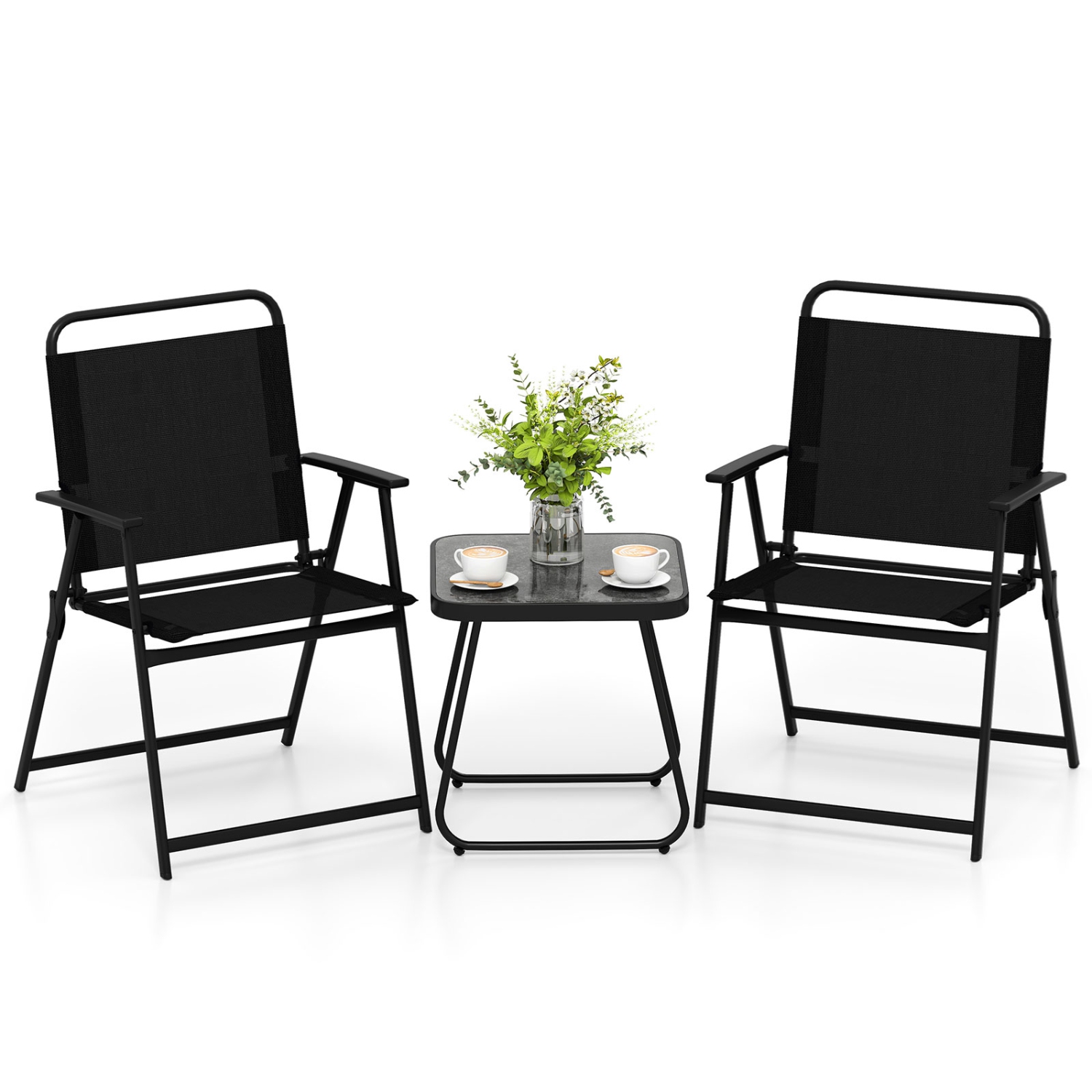 Gymax 3-Piece Patio Furniture Set Folding Fabric Chairs & Marble-Like Top Coffee Table