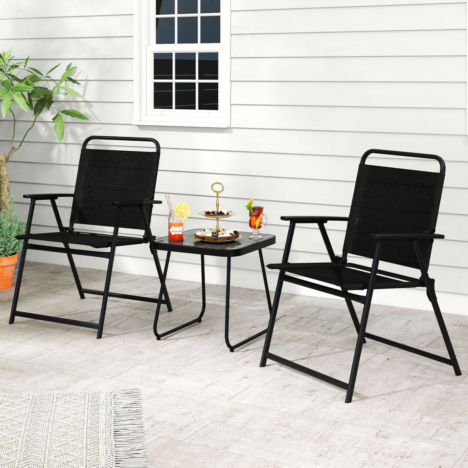 Gymax 3-Piece Patio Furniture Set Folding Fabric Chairs & Marble-Like Top Coffee Table