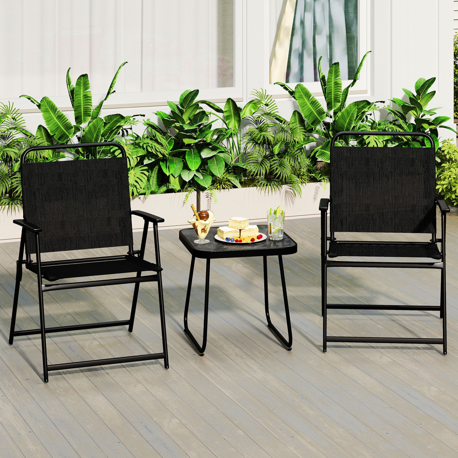 Gymax 3-Piece Patio Furniture Set Folding Fabric Chairs & Marble-Like Top Coffee Table