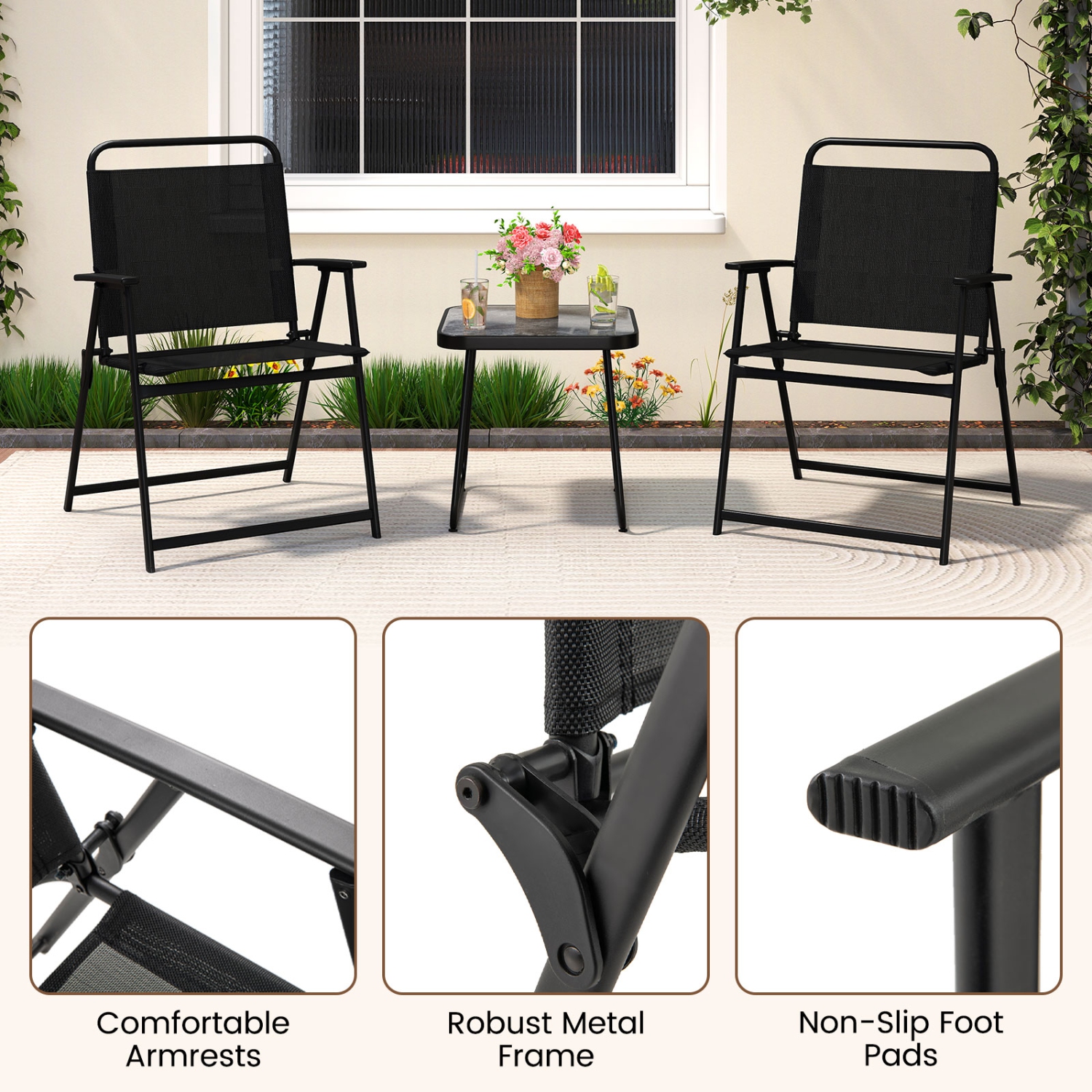 Gymax 3-Piece Patio Furniture Set Folding Fabric Chairs & Marble-Like Top Coffee Table