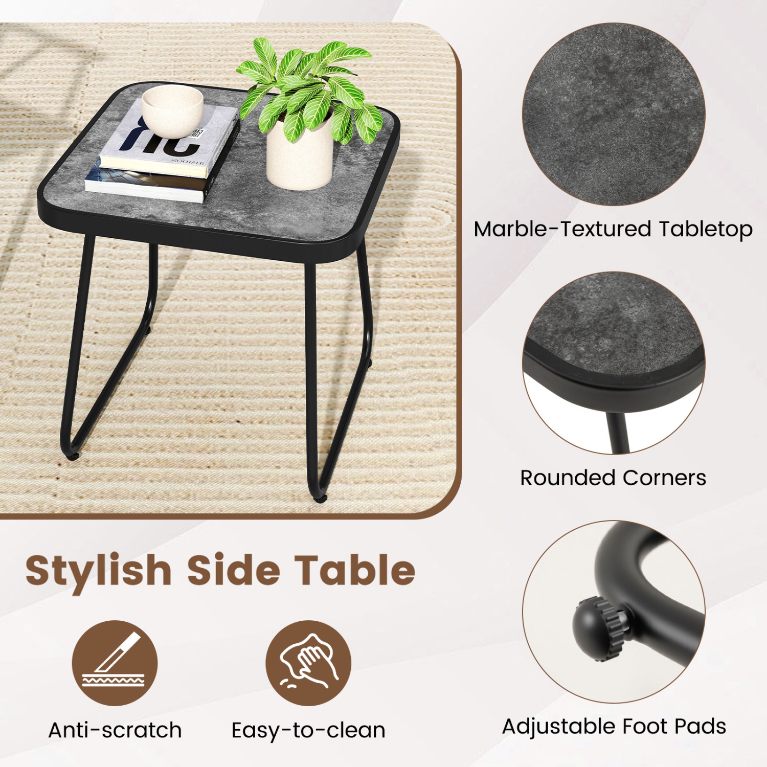 Gymax 3-Piece Patio Furniture Set Folding Fabric Chairs & Marble-Like Top Coffee Table