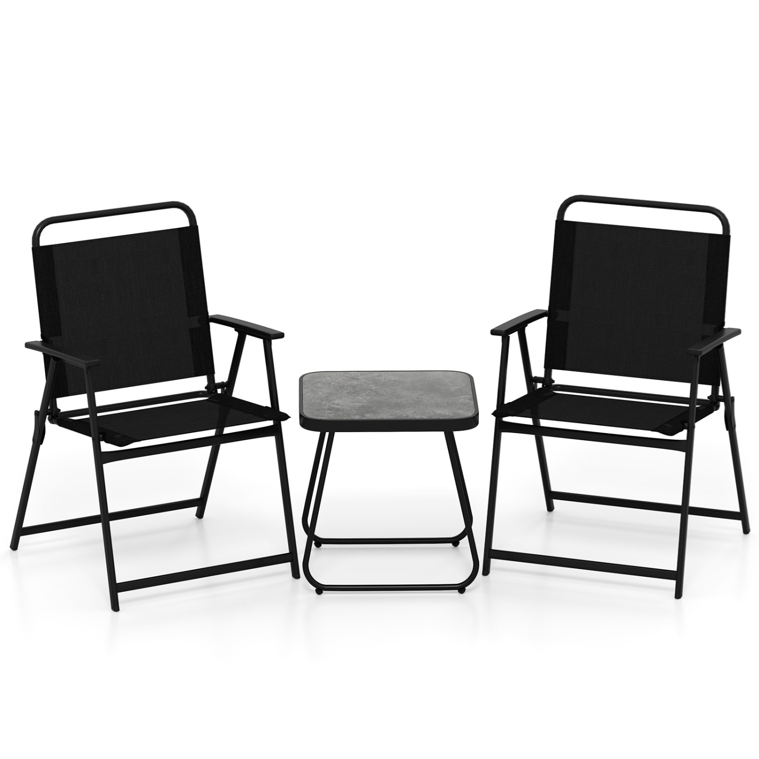 Gymax 3-Piece Patio Furniture Set Folding Fabric Chairs & Marble-Like Top Coffee Table