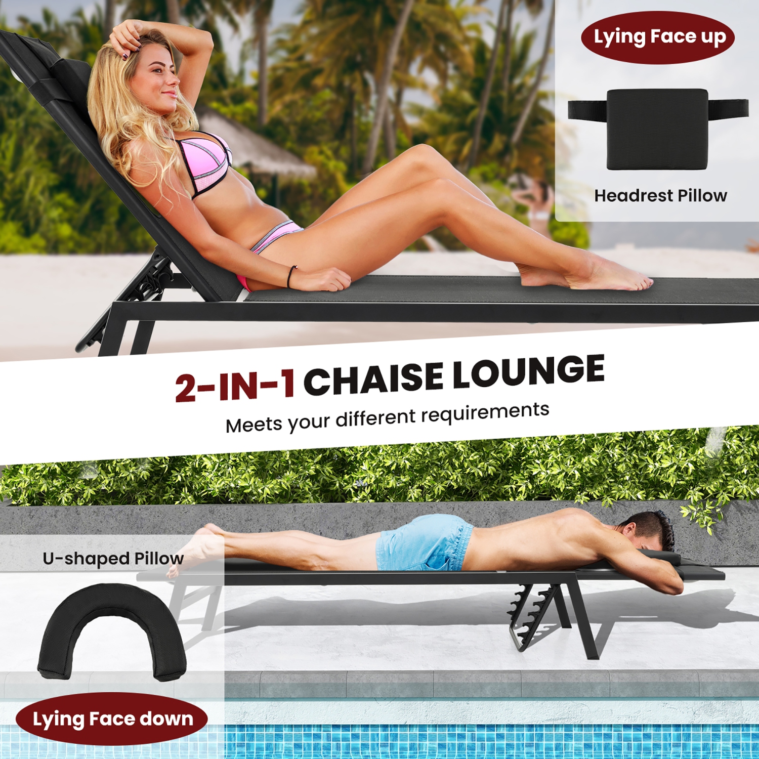 Gymax 2 Pieces Patio Sunbathing Lounge Chair w/ Face Hole & Detachable Head Pillows Poolside