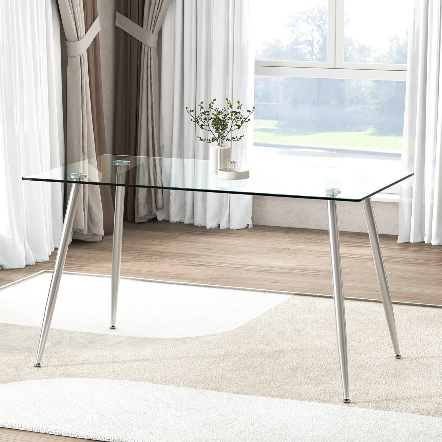 Gymax Modern Glass Dining Table Rectangular Dining Room Table W/Metal Legs For Kitchen