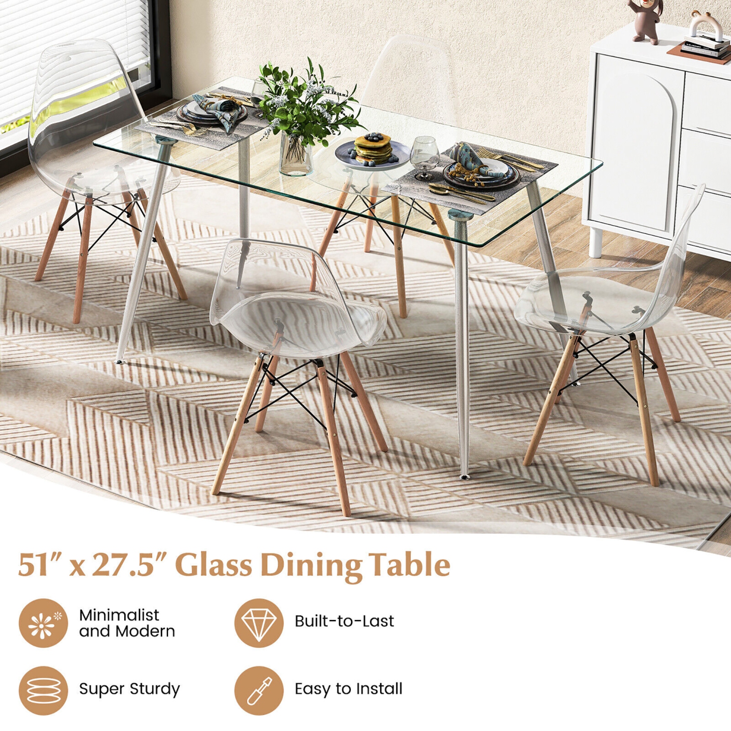 Gymax Modern Glass Dining Table Rectangular Dining Room Table W/Metal Legs For Kitchen