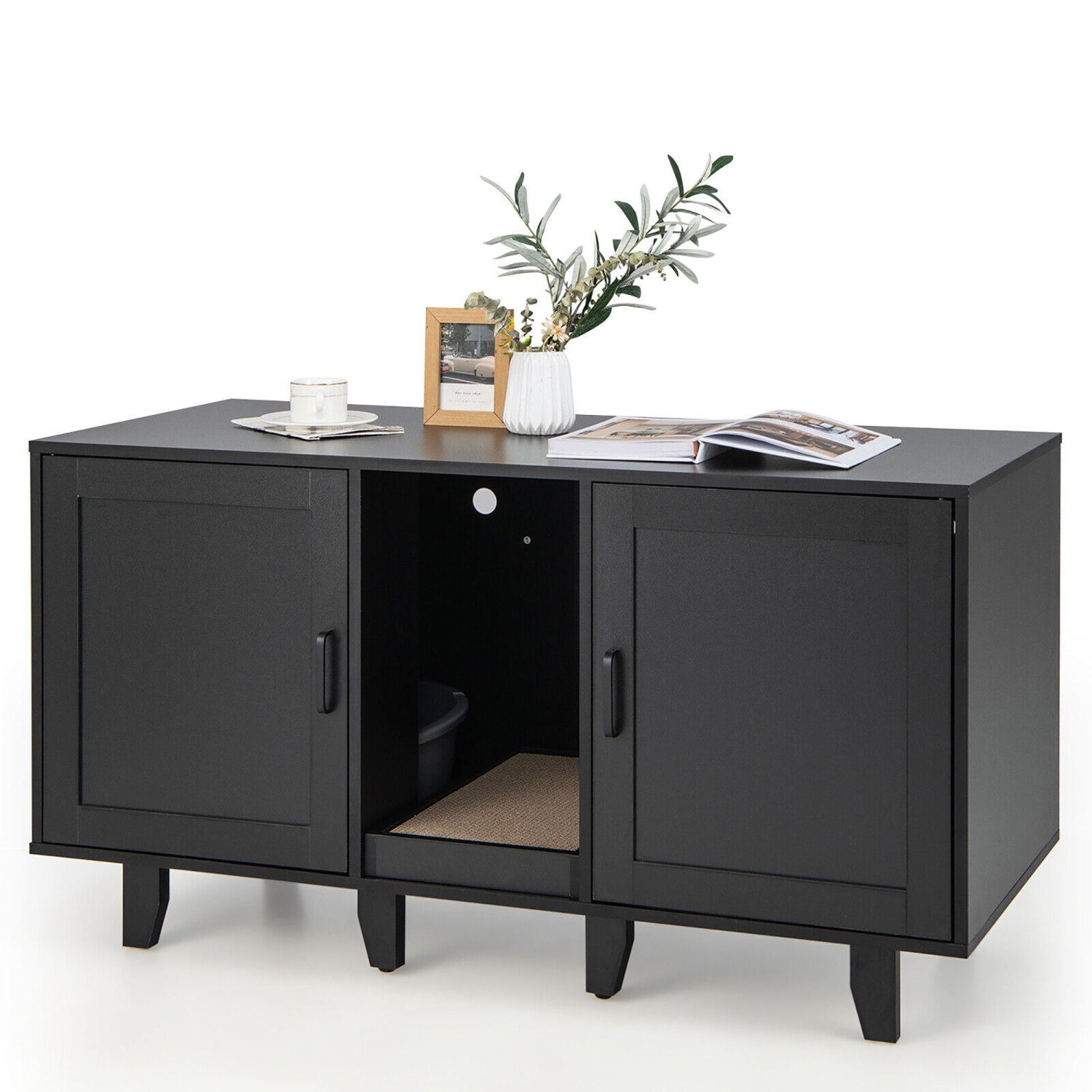 Gymax Cat Litter Box Enclosure TV Stand Cabinet Hidden Cat House Washroom W/ 2 Doors