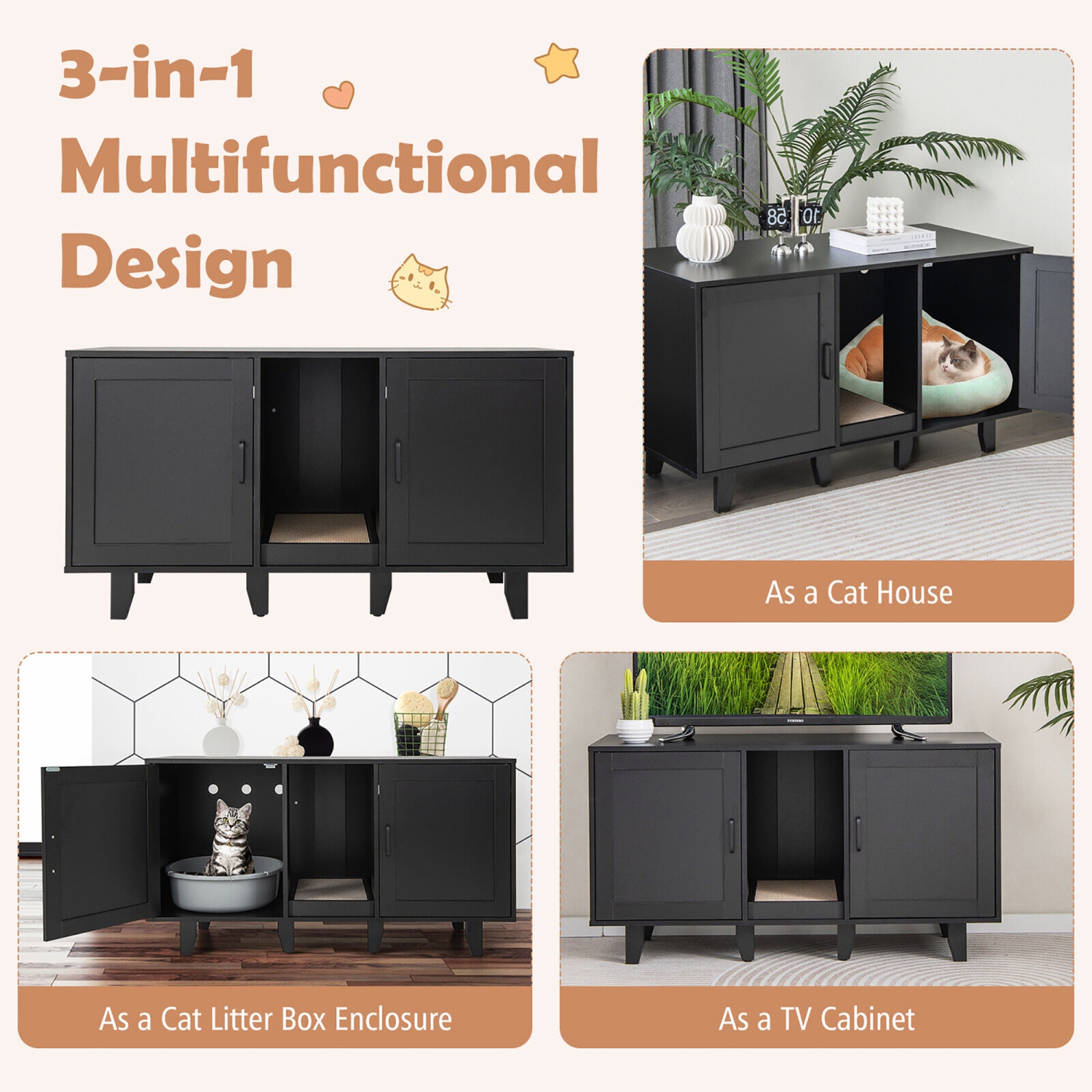 Gymax Cat Litter Box Enclosure TV Stand Cabinet Hidden Cat House Washroom W/ 2 Doors