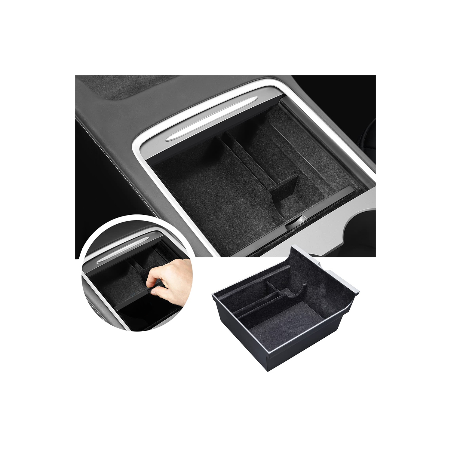 BATTPIT Tesla Model 3 2021 2022 and Model Y Center Console Organizer Tray Flocking Armrest Hidden Cubby Drawer Storage Box