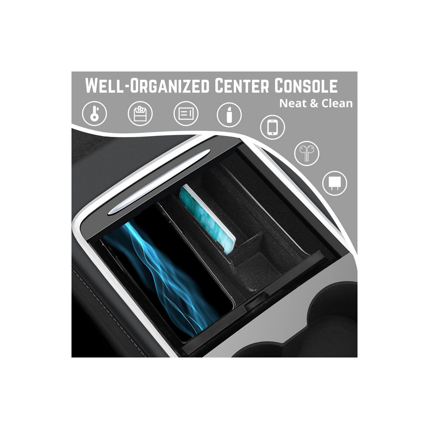 BATTPIT Tesla Model 3 2021 2022 and Model Y Center Console Organizer Tray Flocking Armrest Hidden Cubby Drawer Storage Box