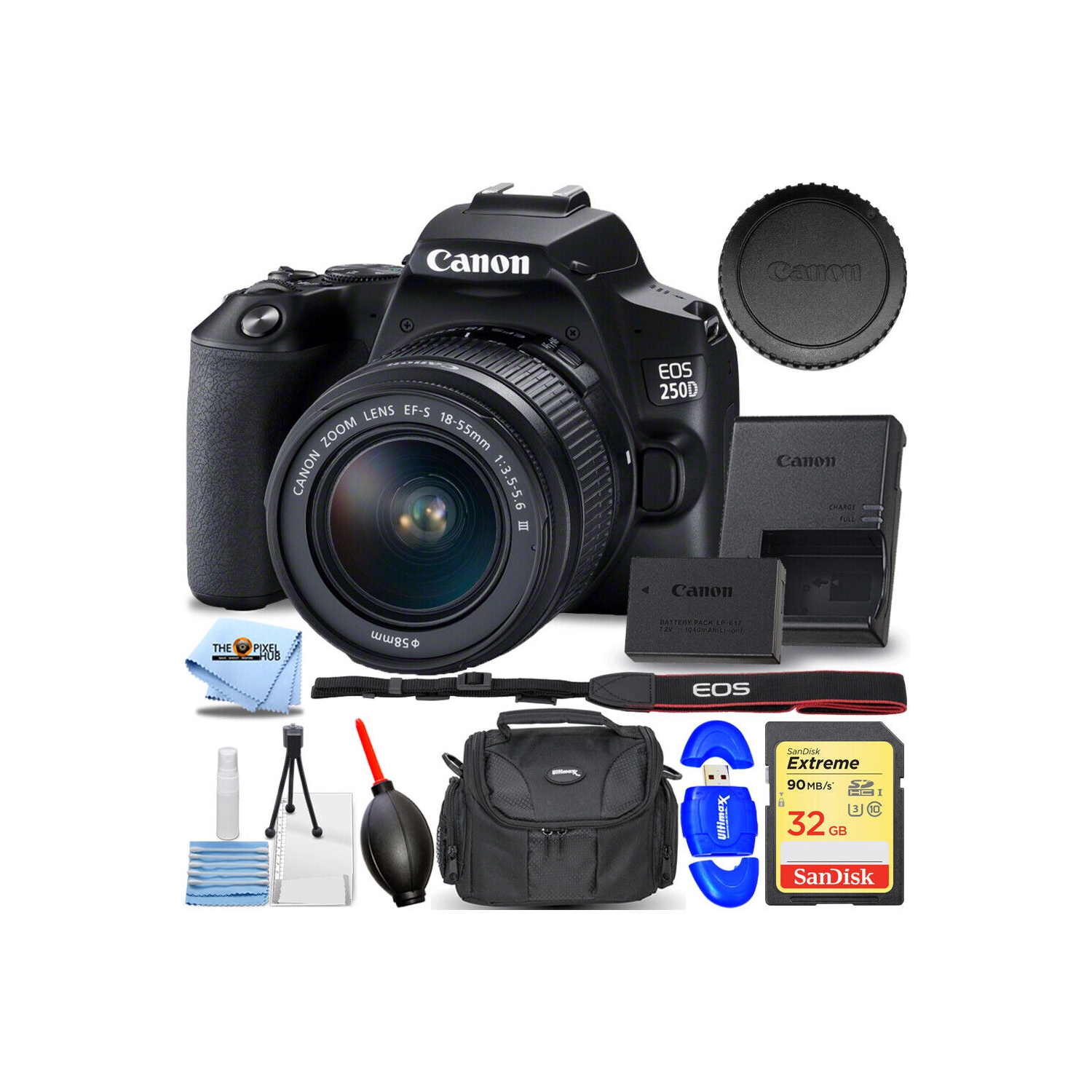 Canon EOS 250D / Rebel SL3 DSLR with 18-55mm (Black) - Essential 32GB Bundle