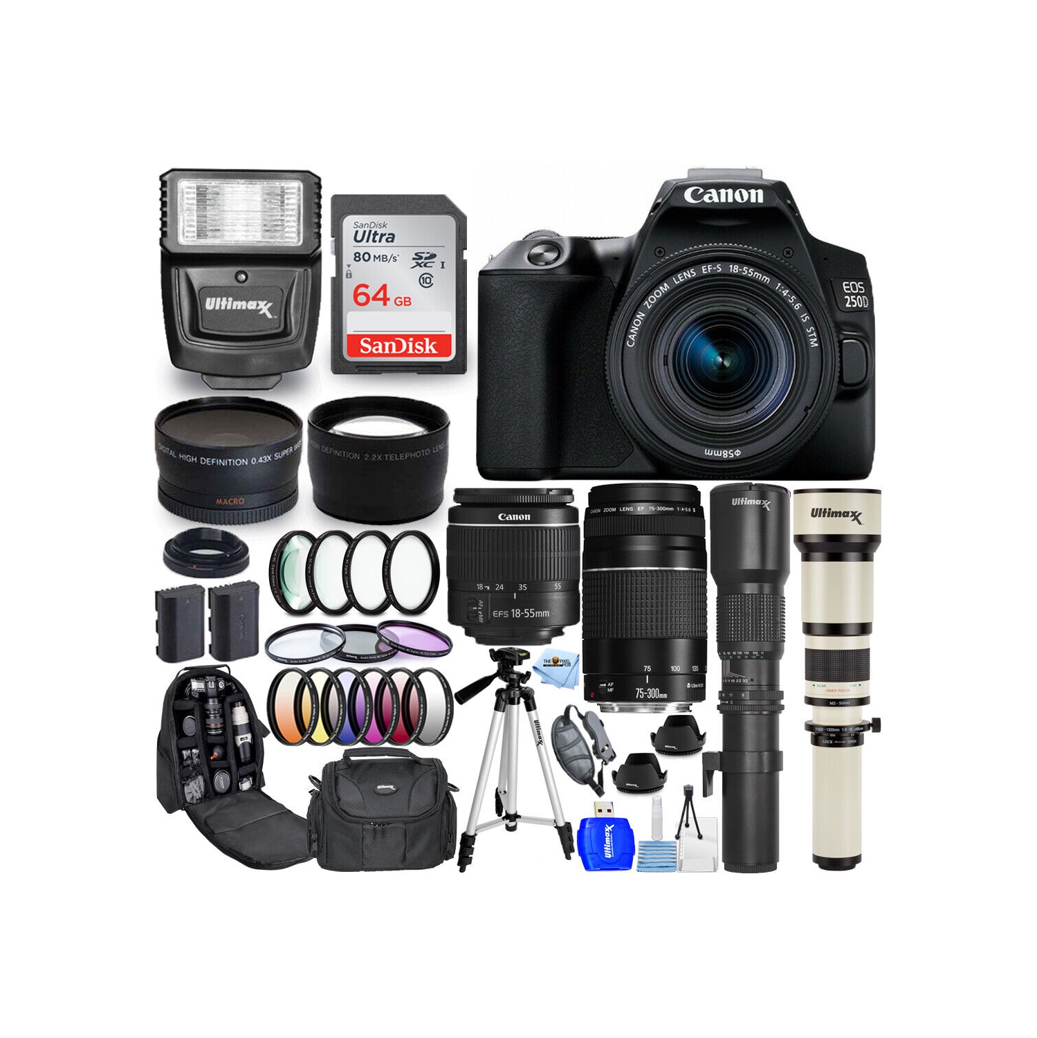 Canon EOS 250D / Rebel SL3 DSLR + 18-55mm + 75-300mm + 500mm + 650-1300mm Bundle