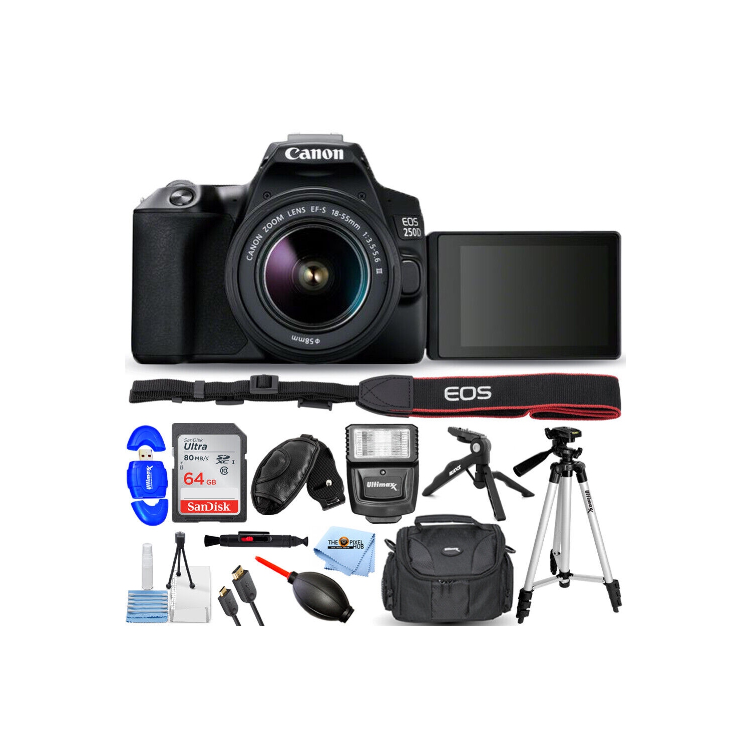 Canon EOS 250D / Rebel SL3 DSLR Camera with 18-55mm (Black) 64GB + Flash Bundle