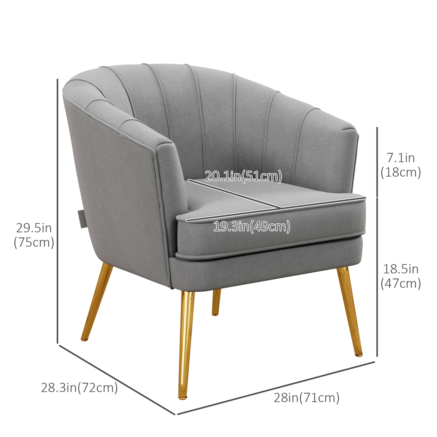 HOMCOM – Fauteuil d’appoint en tissu, fauteuil en velours, chaise de salon moderne avec pattes en métal doré et rembourrage épais pour chambre, gris