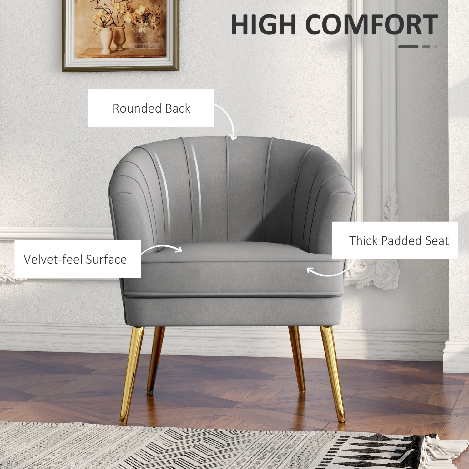 HOMCOM – Fauteuil d’appoint en tissu, fauteuil en velours, chaise de salon moderne avec pattes en métal doré et rembourrage épais pour chambre, gris