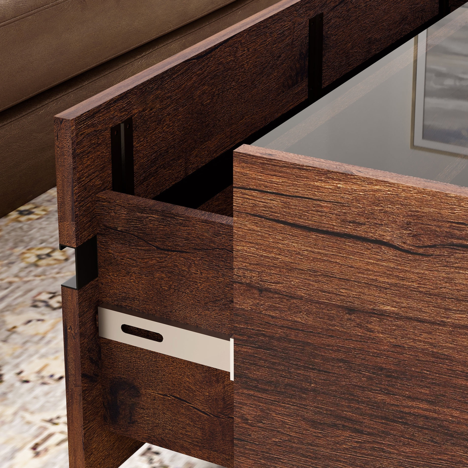 WAMPAT Modern Coffee Table with Tempered Glass Top, Square Wood Center Table with 2 Large Storage Drawers for Living Room, 31.5", Brown