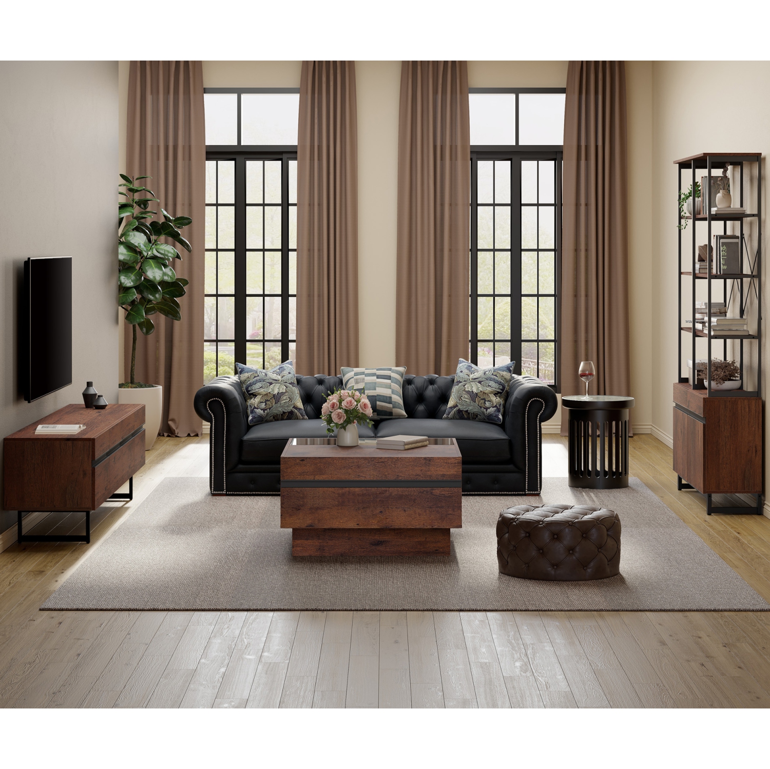 WAMPAT Modern Coffee Table with Tempered Glass Top, Square Wood Center Table with 2 Large Storage Drawers for Living Room, 31.5", Brown