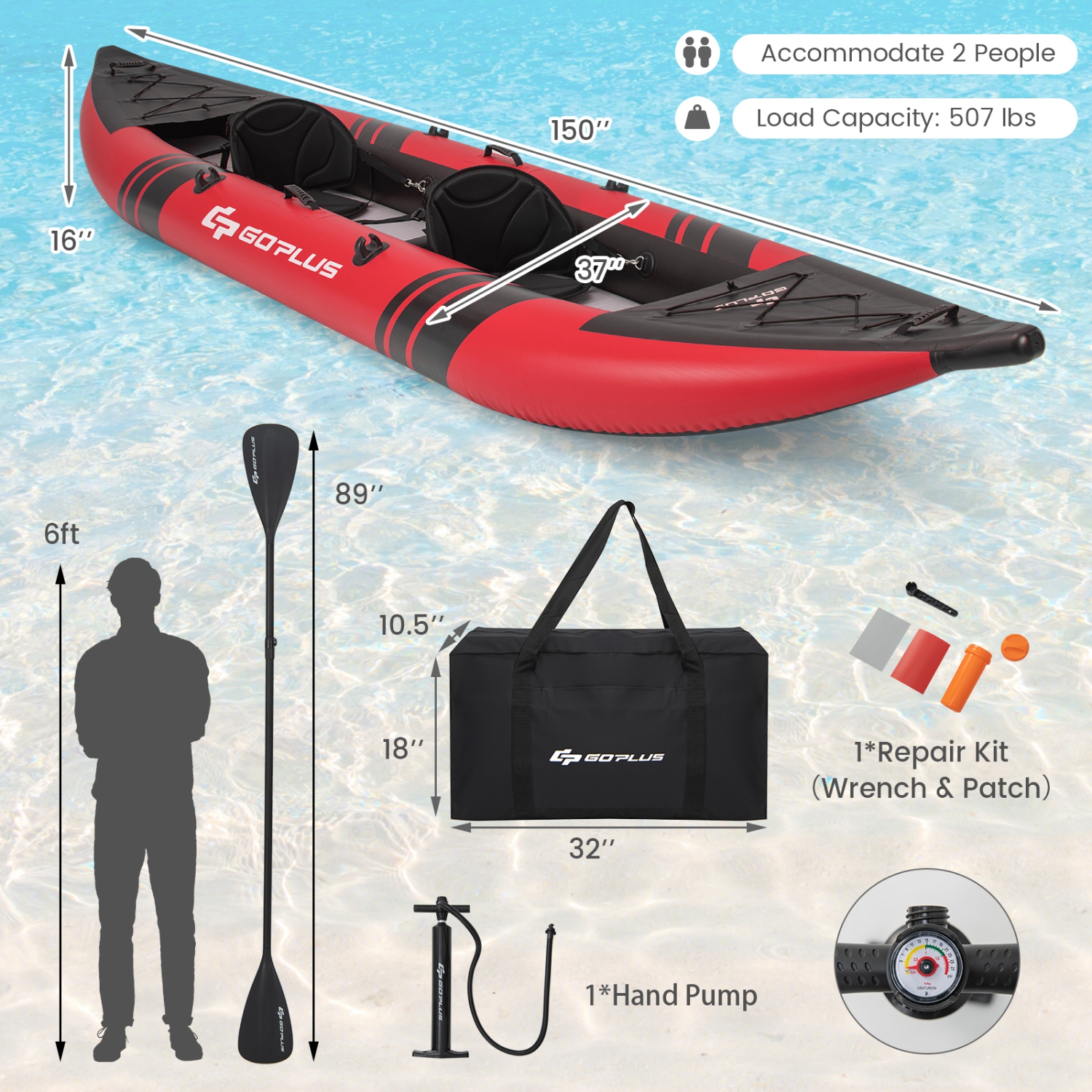 Goplus Inflatable Kayak Set Portable 2-person Kayak with Aluminium Oars EVA Padded Seat