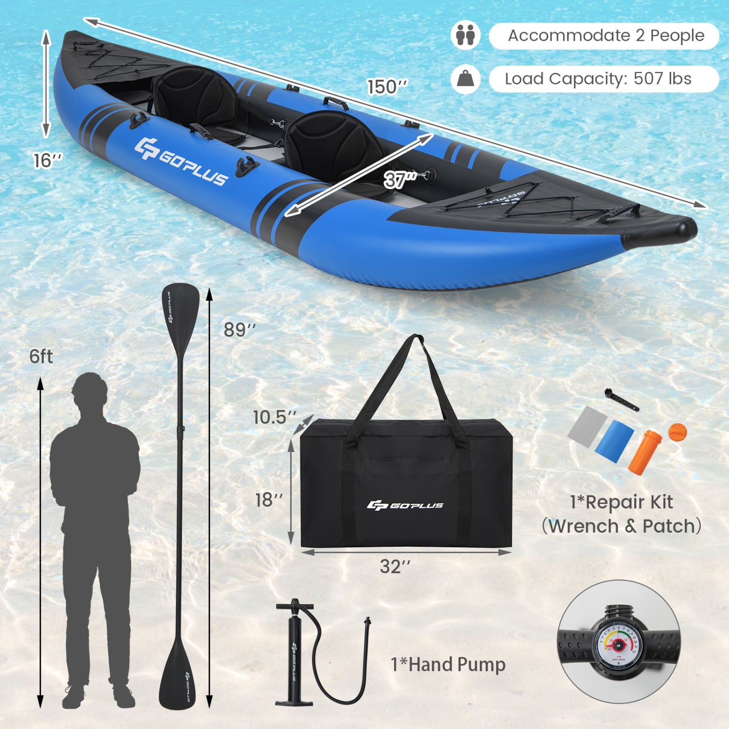 Kayak gonflable portatif pour 2 personnes avec siège rembourré en aluminium Oars EVA de Goplus