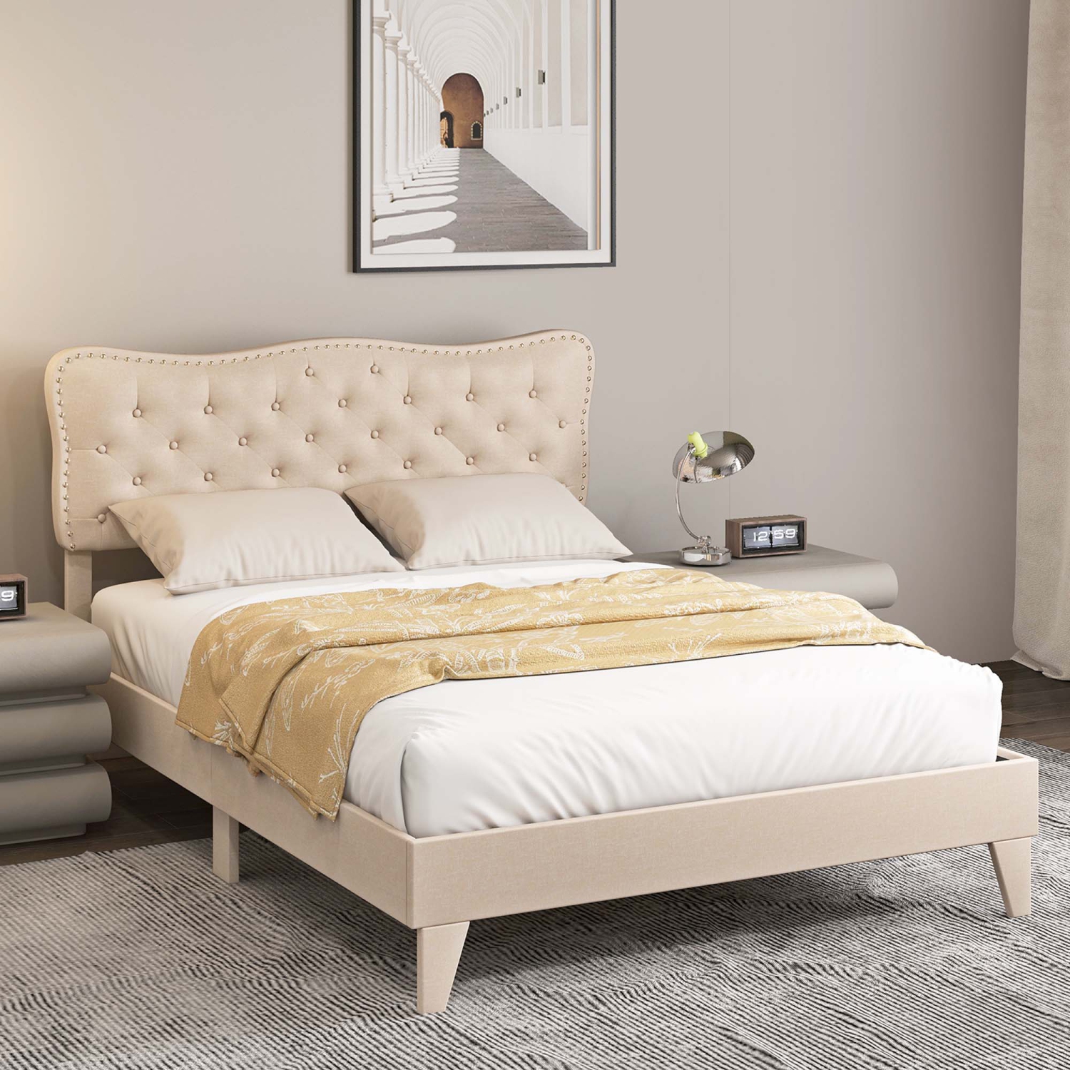 Costway Upholstered Platform Bed Frame Button-Tufted Headboard Mattress Foundation