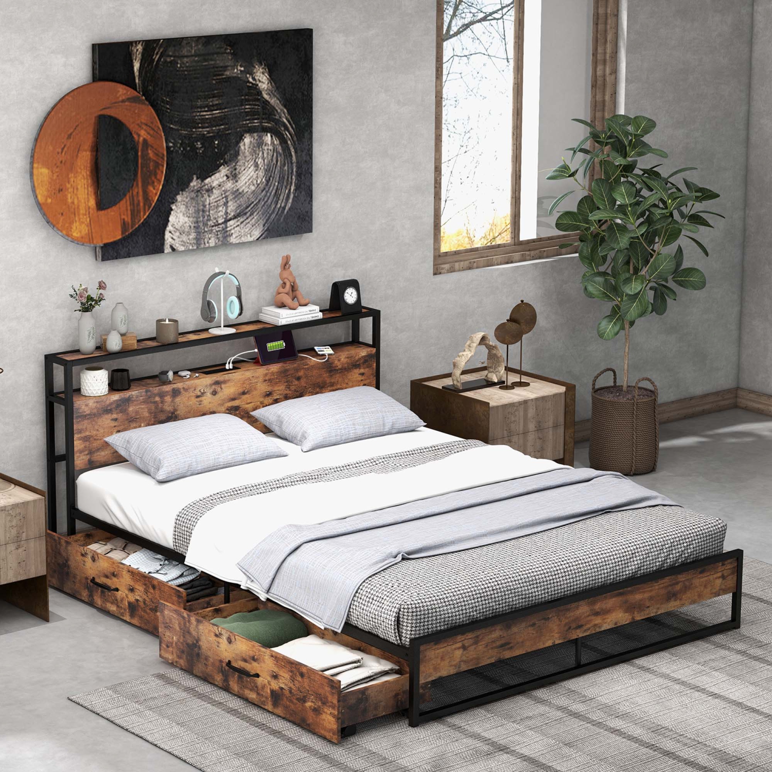 Costway Full/Queen Industrial Platform Bed Frame with Drawer Storage Headboard Charging Station