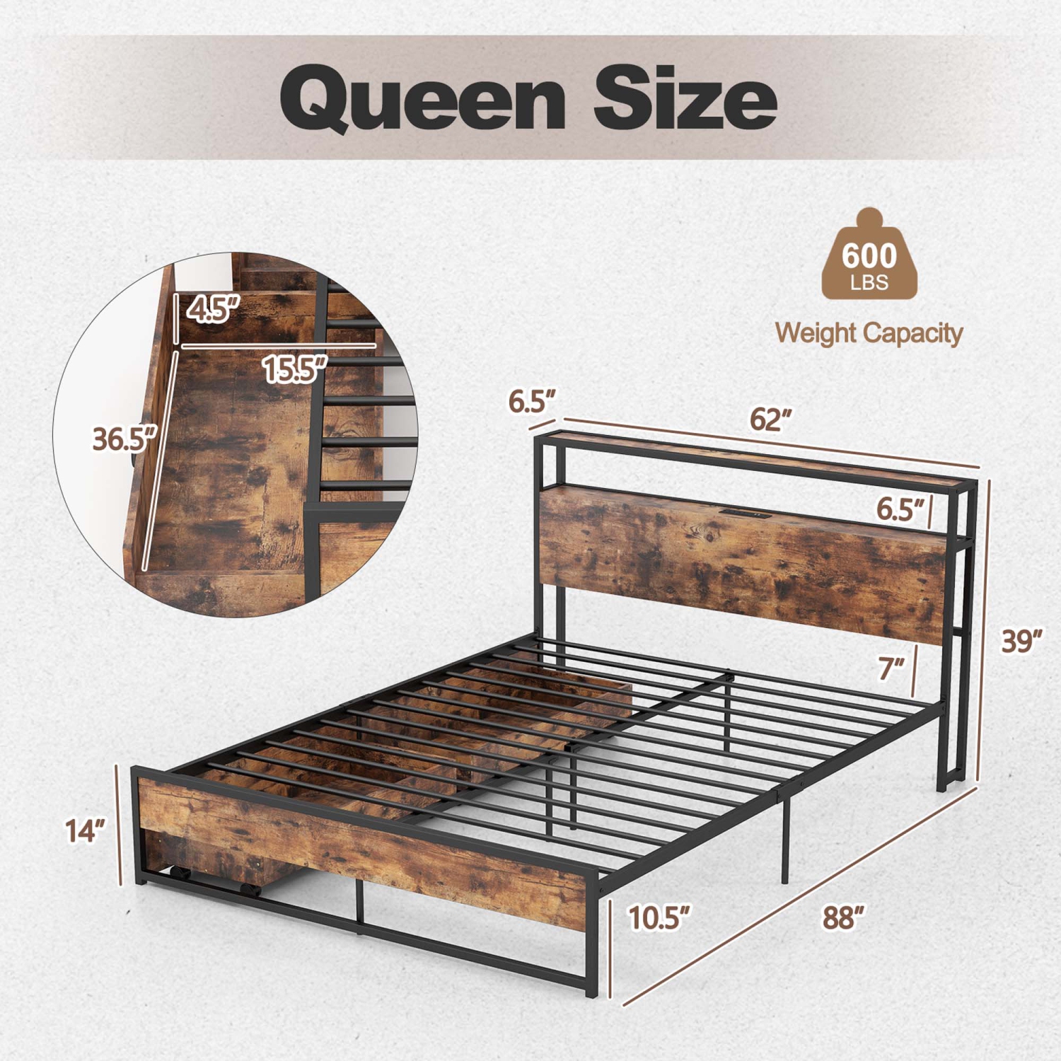 Costway Full/Queen Industrial Platform Bed Frame with Drawer Storage Headboard Charging Station