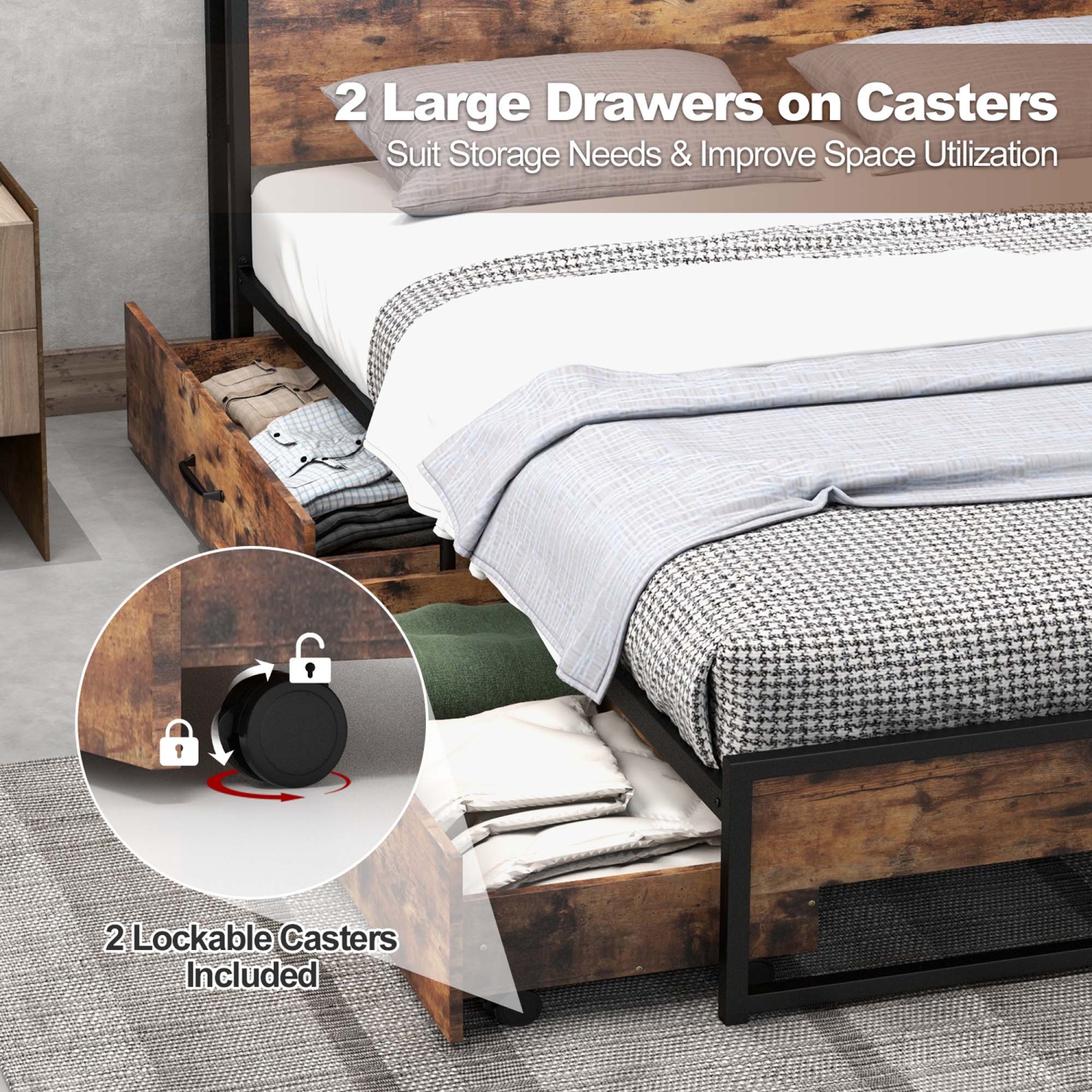 Costway Full/Queen Industrial Platform Bed Frame with Drawer Storage Headboard Charging Station