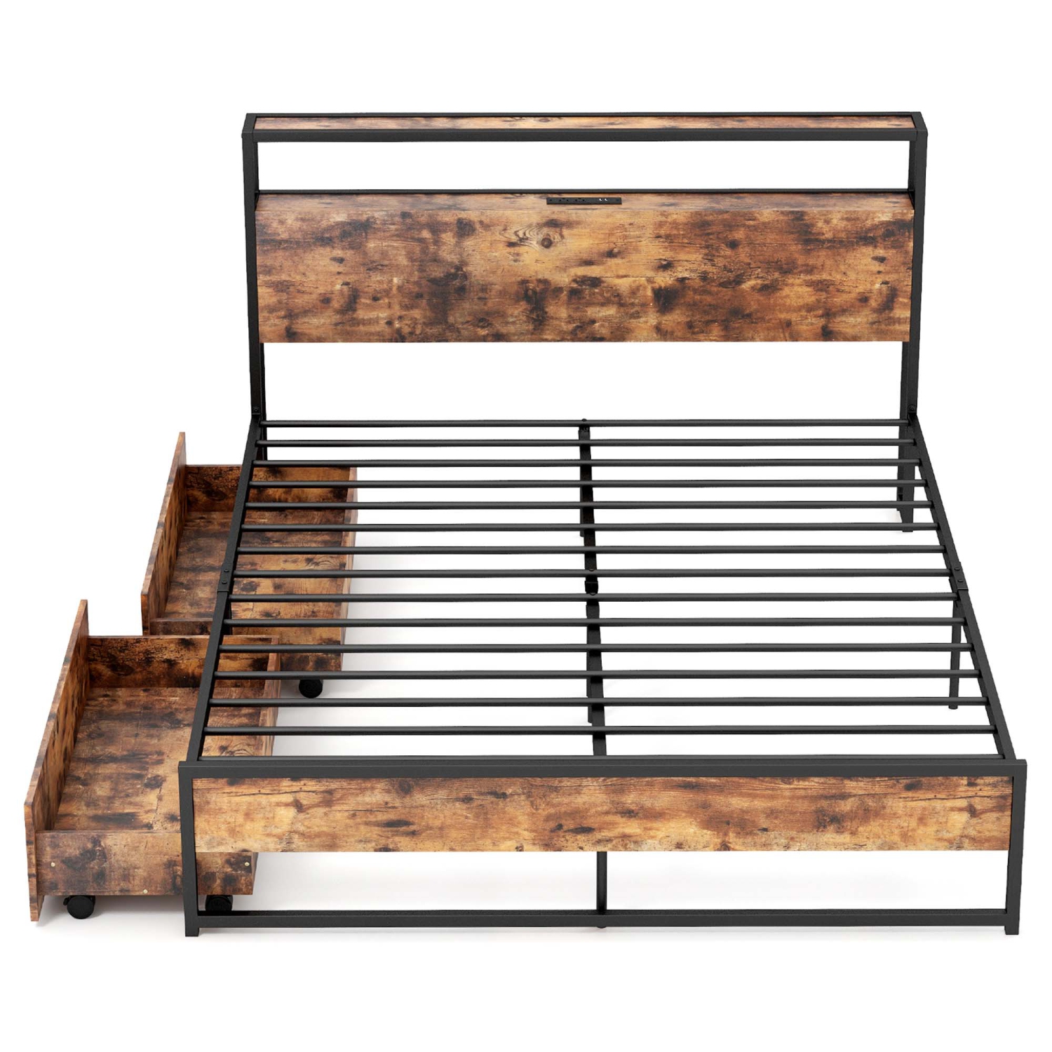 Costway Full/Queen Industrial Platform Bed Frame with Drawer Storage Headboard Charging Station