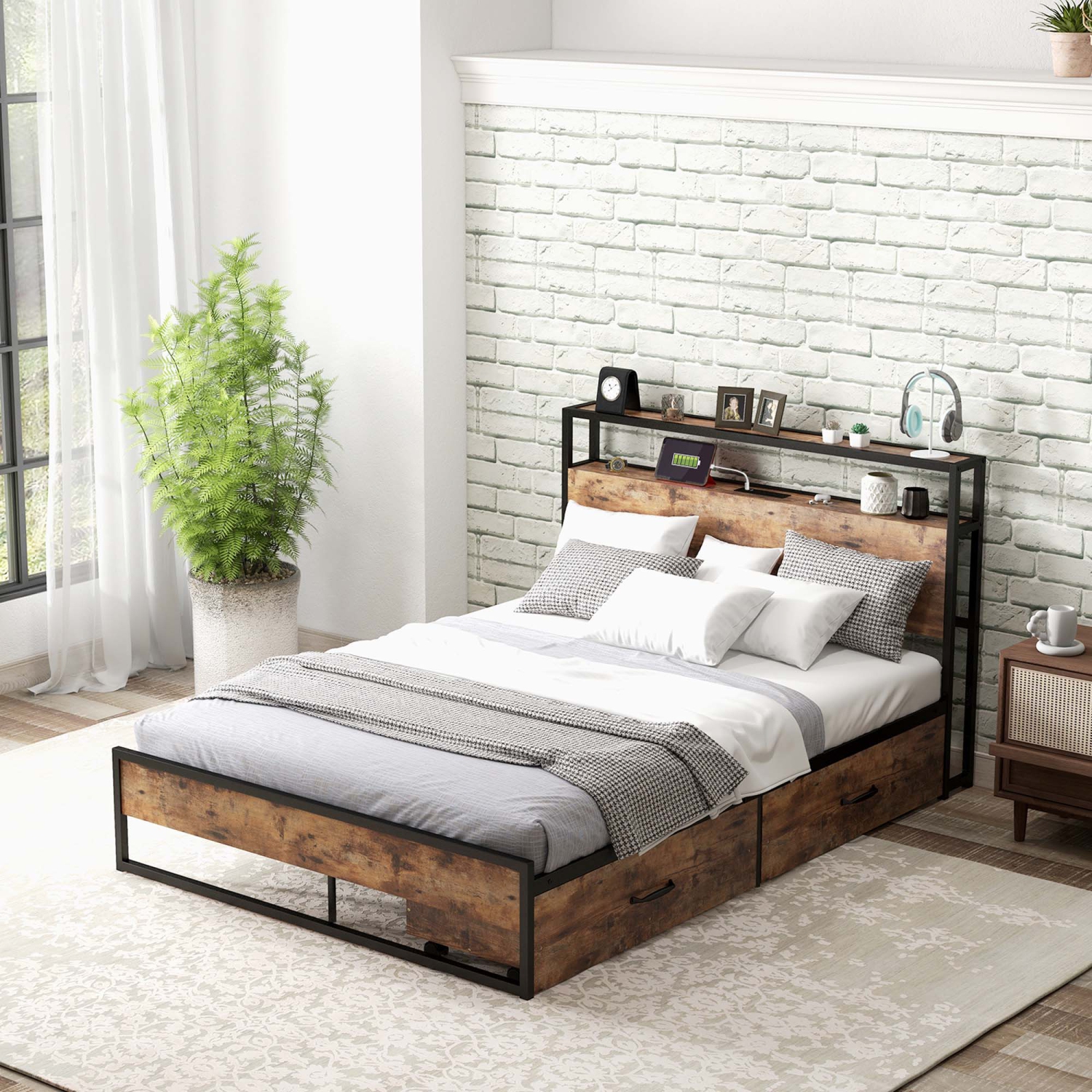 Costway Full/Queen Industrial Platform Bed Frame with Drawer Storage Headboard Charging Station