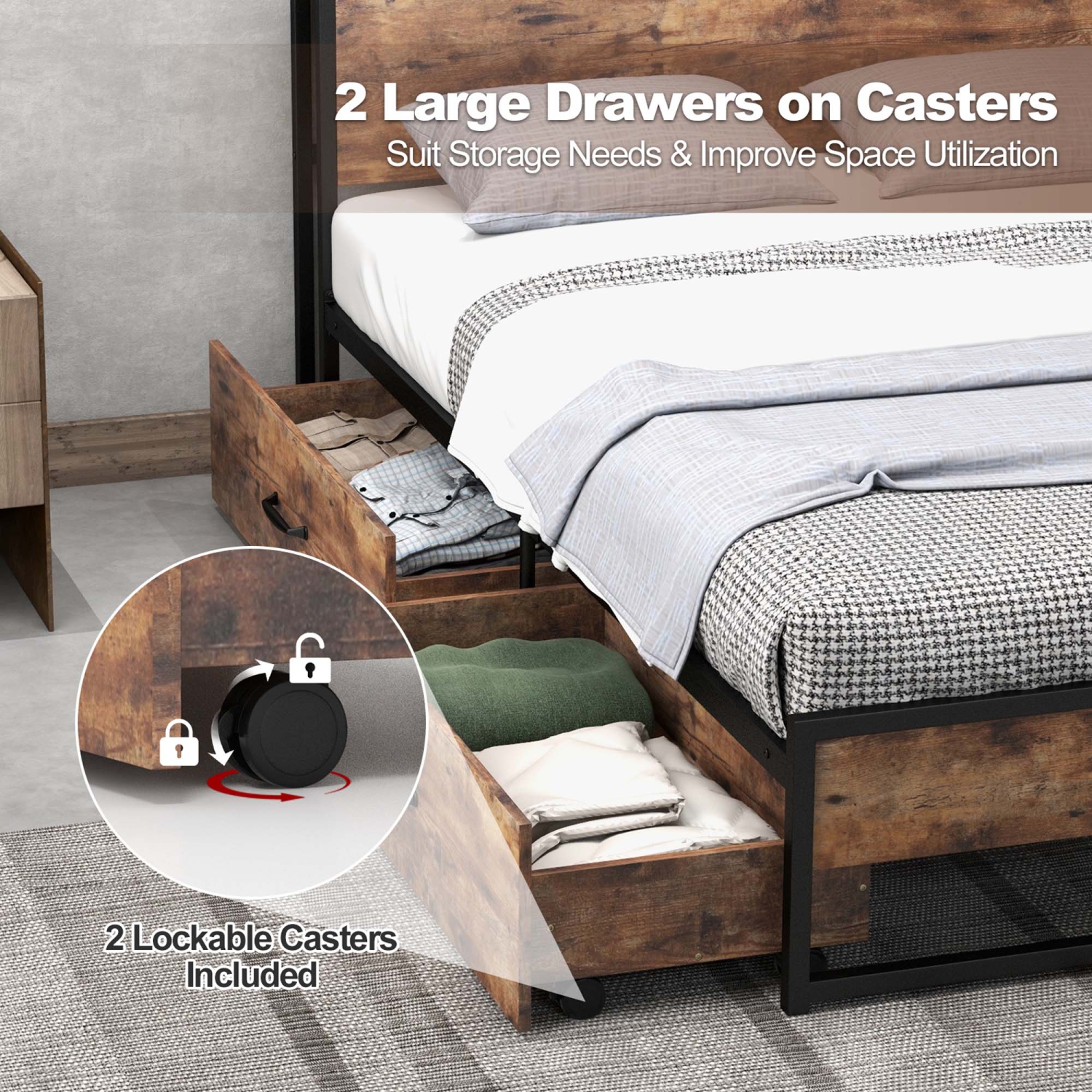 Costway Full/Queen Industrial Platform Bed Frame with Drawer Storage Headboard Charging Station
