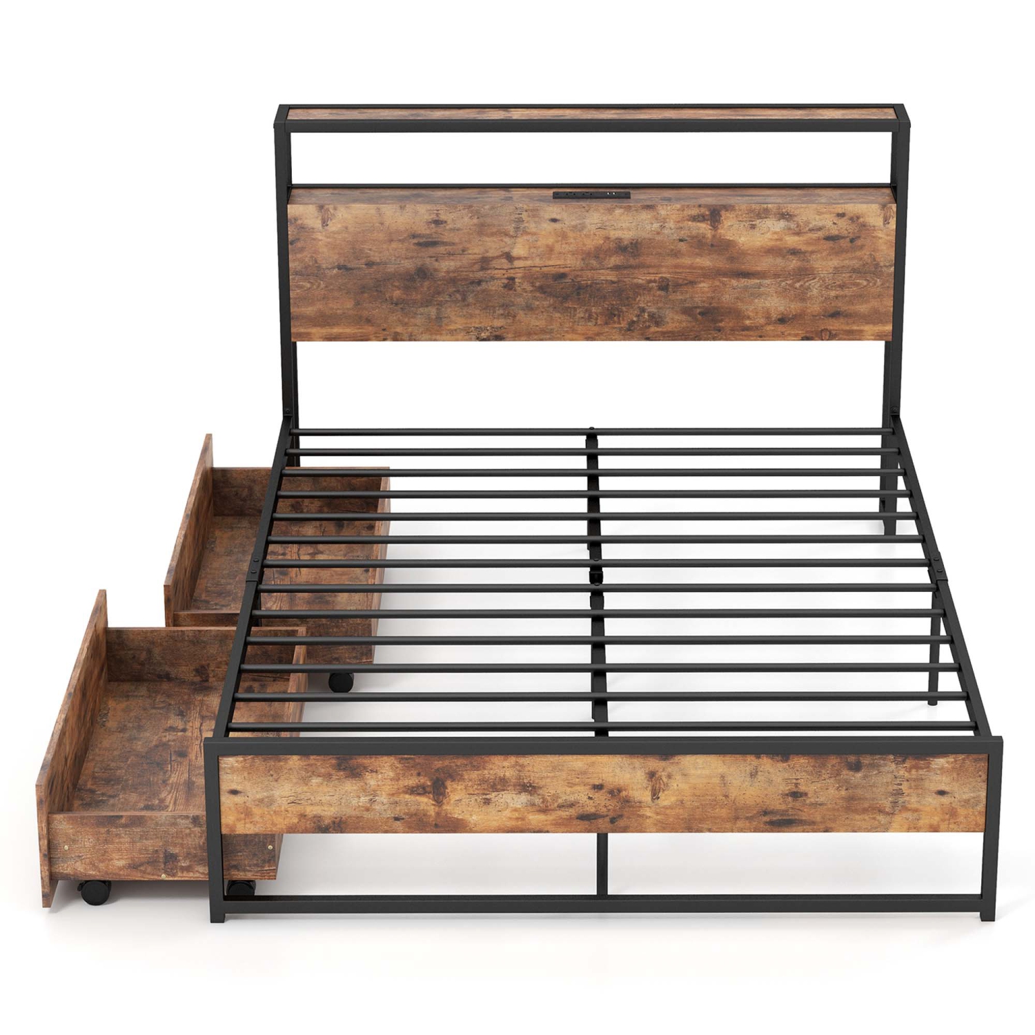 Costway Full/Queen Industrial Platform Bed Frame with Drawer Storage Headboard Charging Station