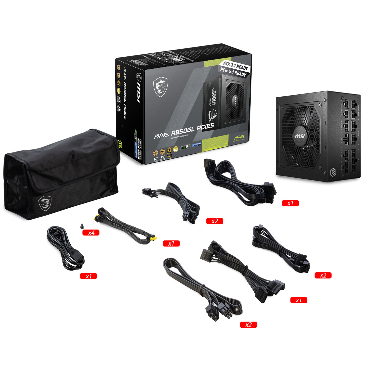 Bloc d'alimentation ATX 3.0 MAG A850GL PCIE 5 80 Plus Gold entièrement modulaire de 850 W de MSI à câble 12VHPWR