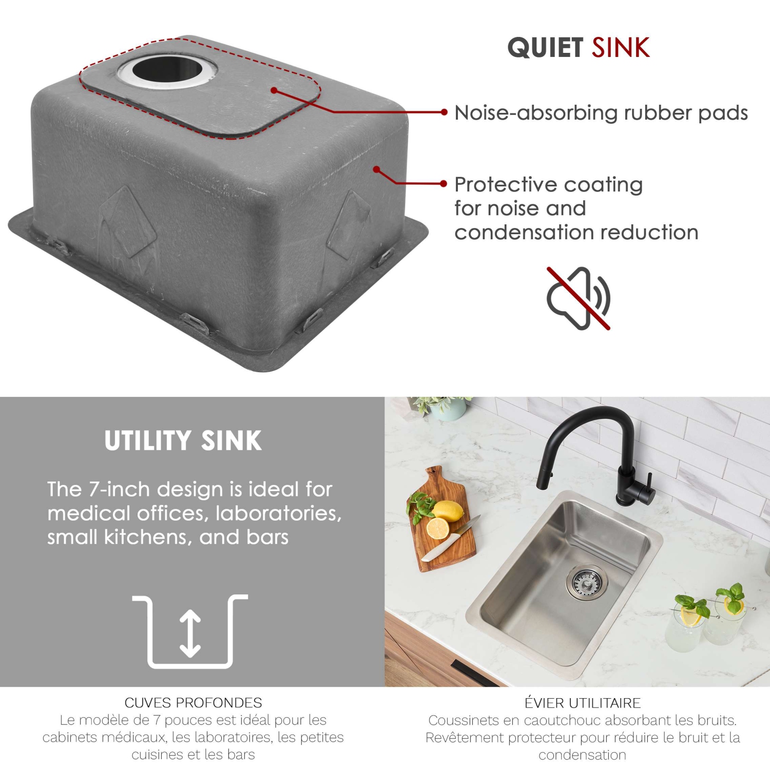 ÉLÉGANT évier de cuisine simple à double monture en acier inoxydable de 12 ½ po S-409T