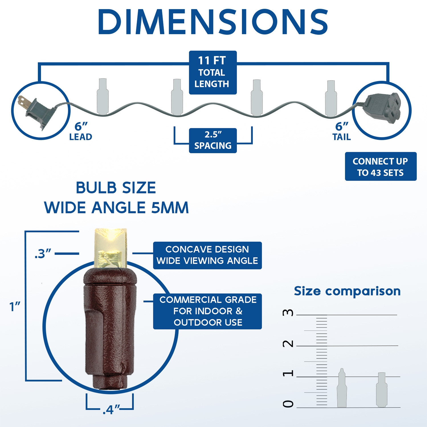 Lumières de Noël LED de fantaisie, 11 pi, 50 lumières de Noël, brun clair, de qualité commerciale, ampoules 5&nbsp;mm, homologuées UL, connectables