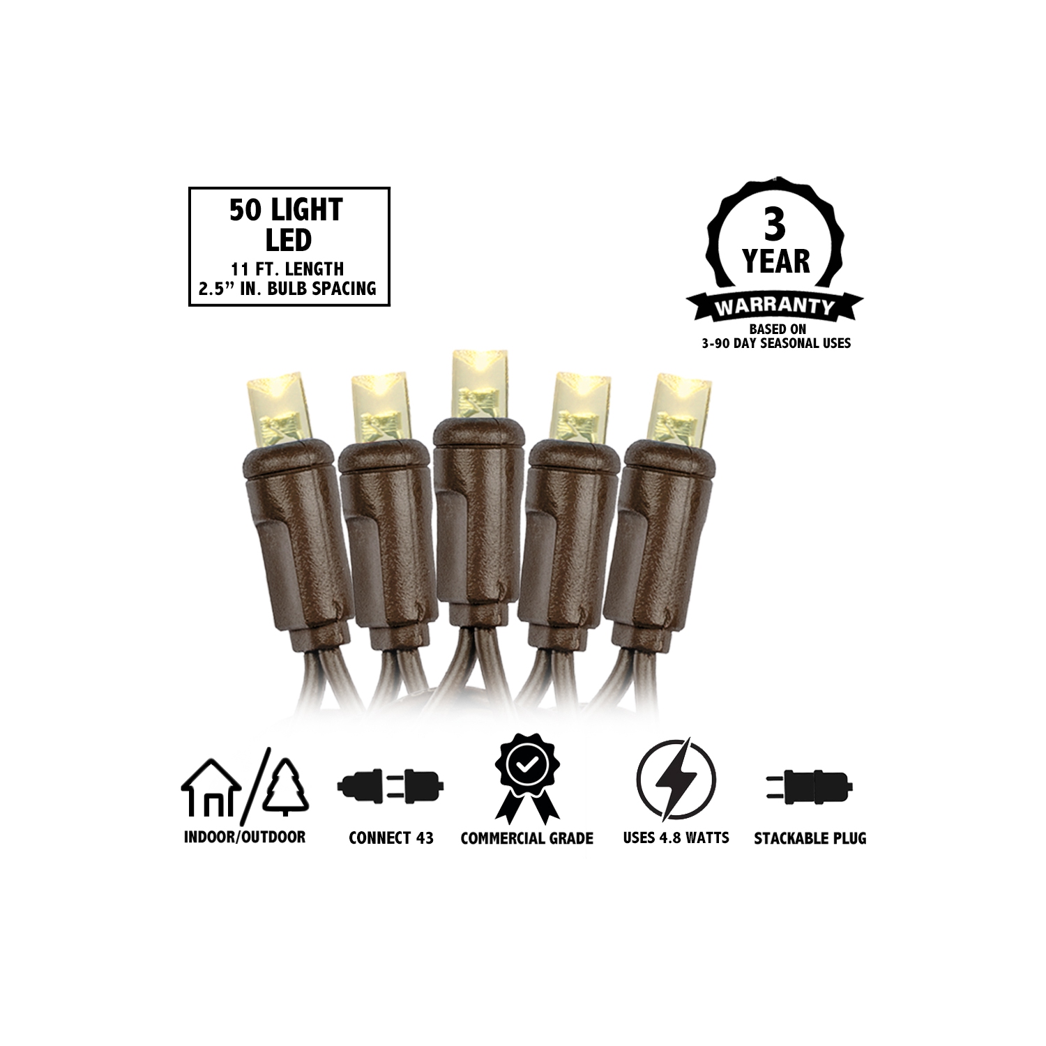 Lumières de Noël LED de fantaisie, 11 pi, 50 lumières de Noël, brun clair, de qualité commerciale, ampoules 5&nbsp;mm, homologuées UL, connectables