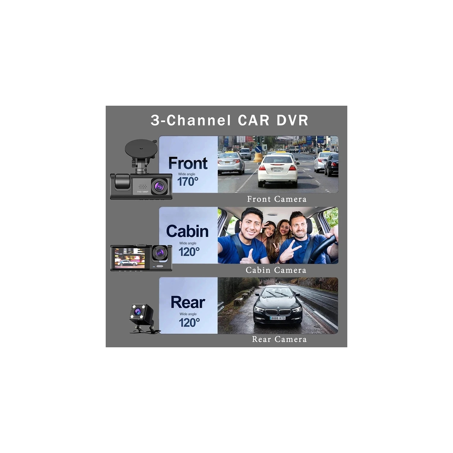 2024 New Version 3 Channel Dash Cam for Cars 1080P Video Recorder Rear View Camera for Vehicle Car DVR Black Box WITH 32GB SD CARD