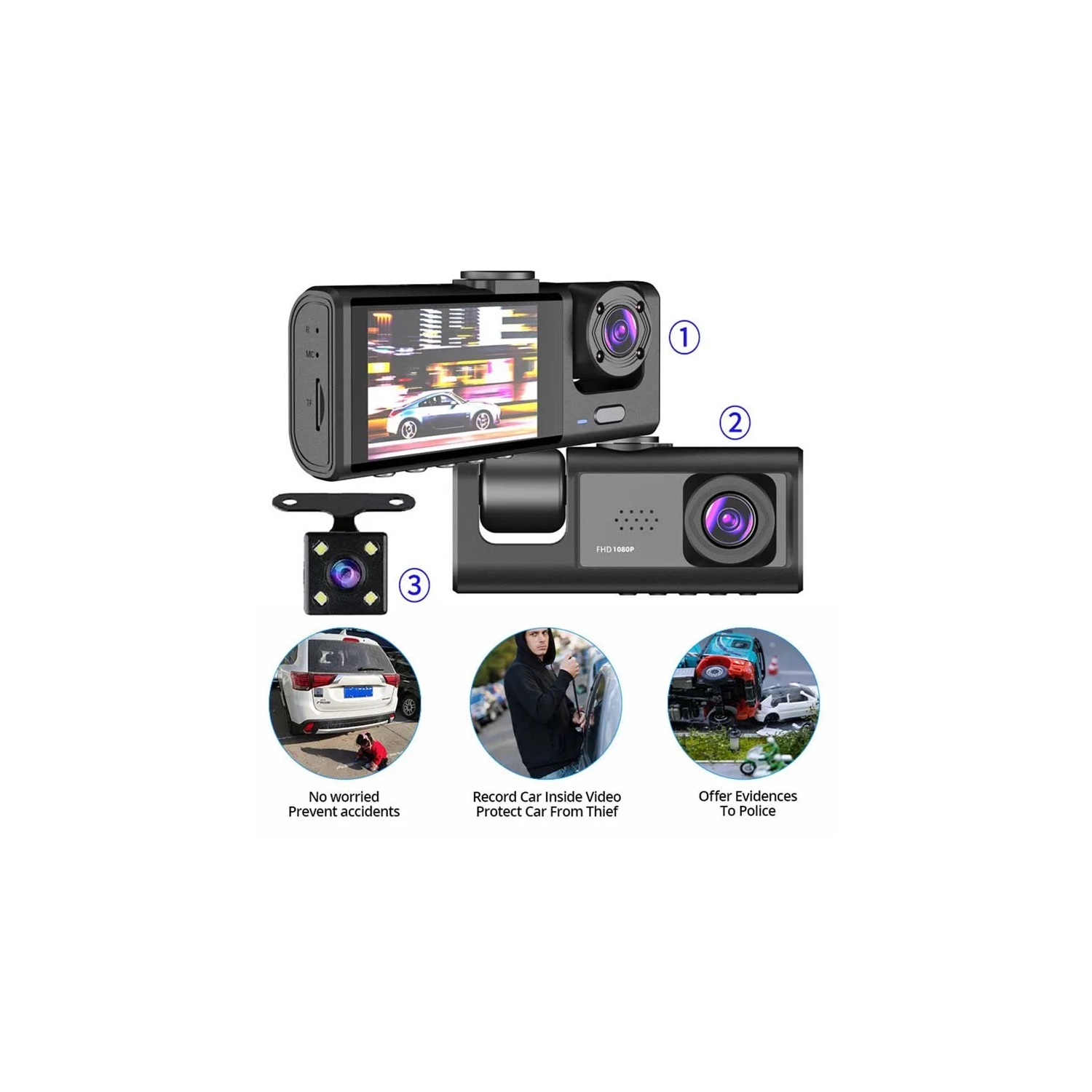 2025 New Version 3 Channel Dash Cam for Cars 1080P Video Recorder Rear View Camera for Vehicle Car DVR Black Box WITH 16GB SD CARD