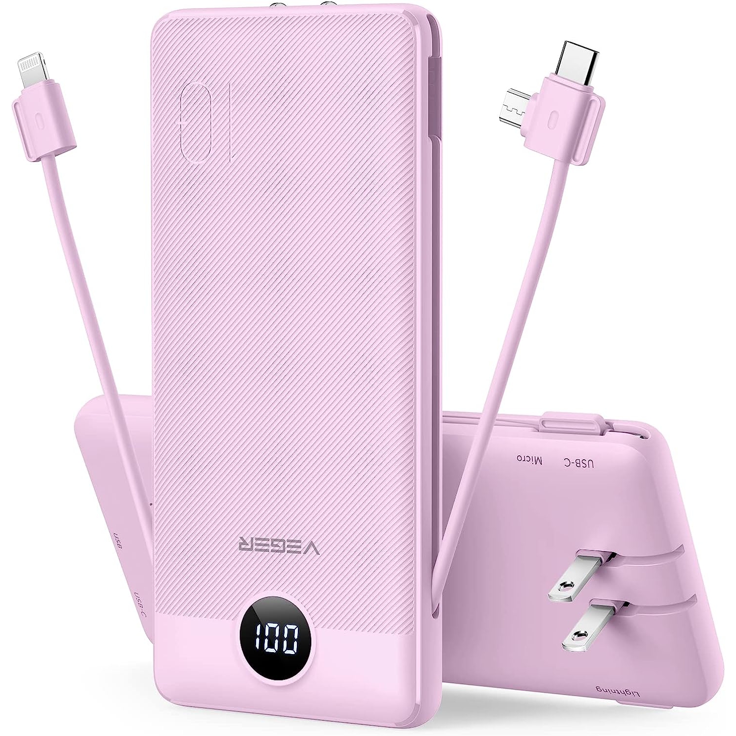 (Pink) Portable Charger for iPhone Built in Cables Fast Charging USB C Slim 10000 Power Bank, Wall Plug USB Battery Pack for iPhones, iPad, Samsung