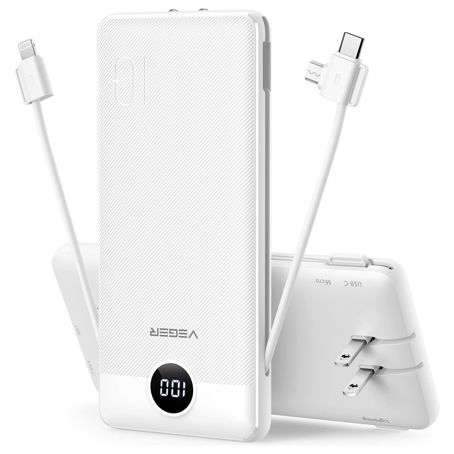 (White) Portable Charger for iPhone Built in Cables Fast Charging USB C Slim 10000 Power Bank, Wall Plug USB Battery Pack for iPhones, iPad, Samsung