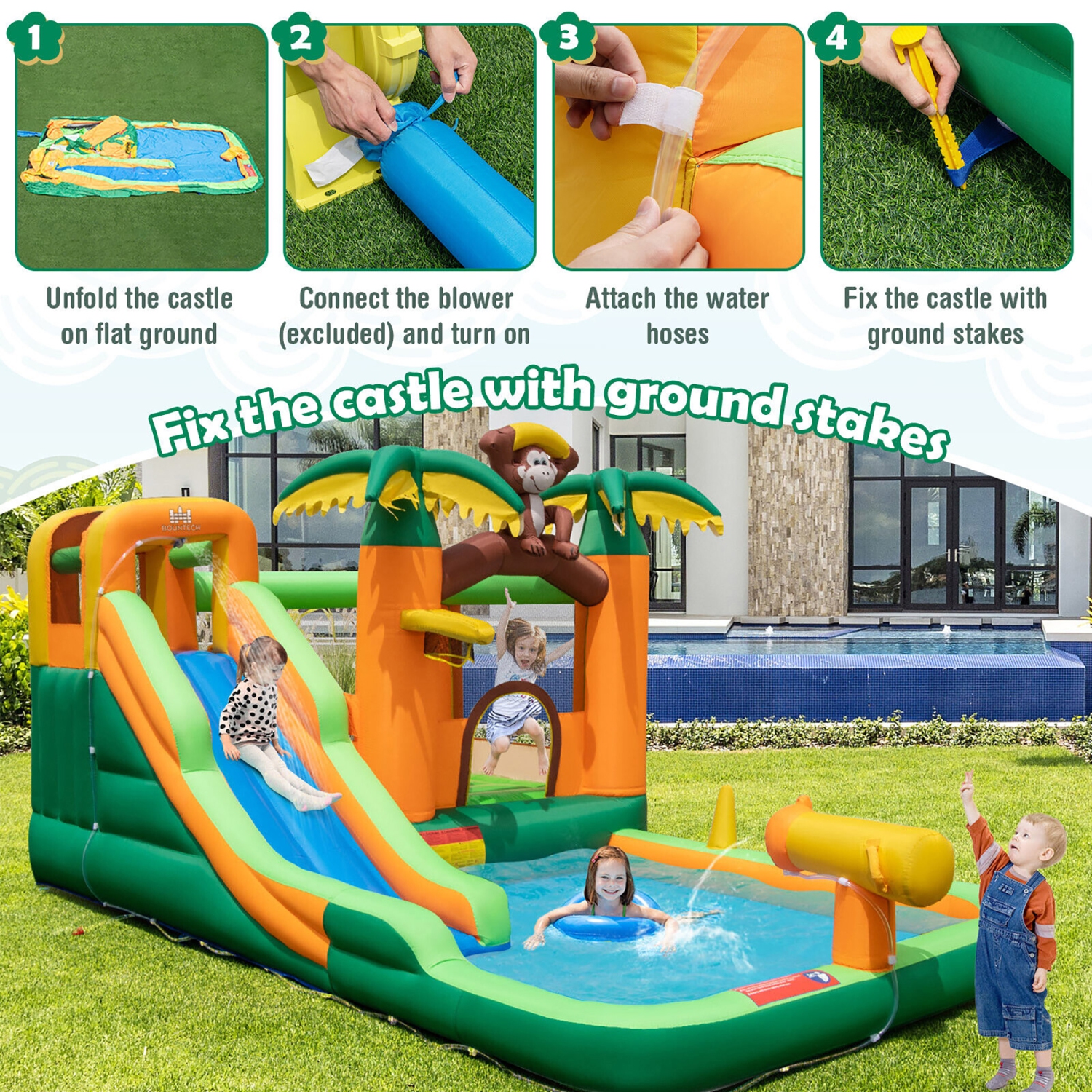 Gymax Inflatable Water Slide Park Monkey Bounce House Splash Pool without Blower